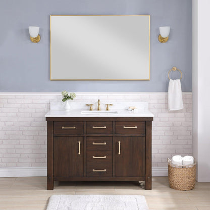 Vinnova Viella 48" Single Sink Bath Vanity In Deep Walnut Finish With White Composite Countertop And Mirror