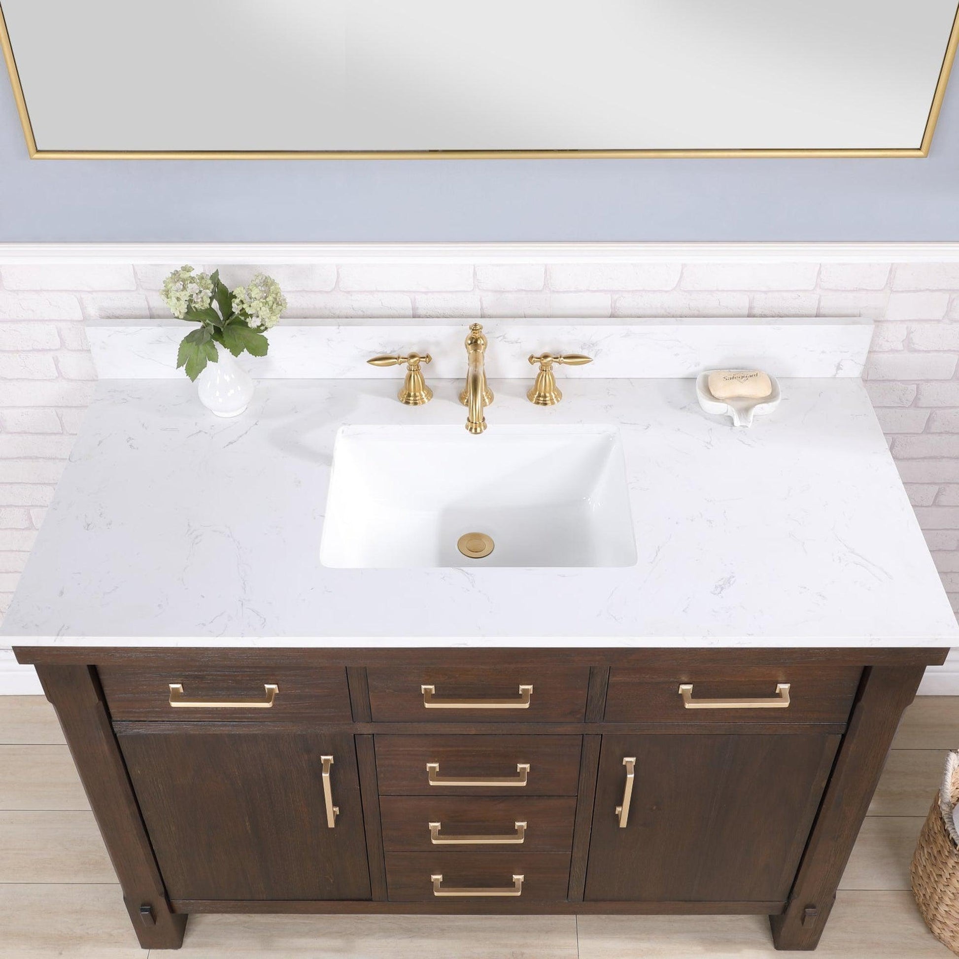 Vinnova Viella 48" Single Sink Bath Vanity In Deep Walnut Finish With White Composite Countertop And Mirror