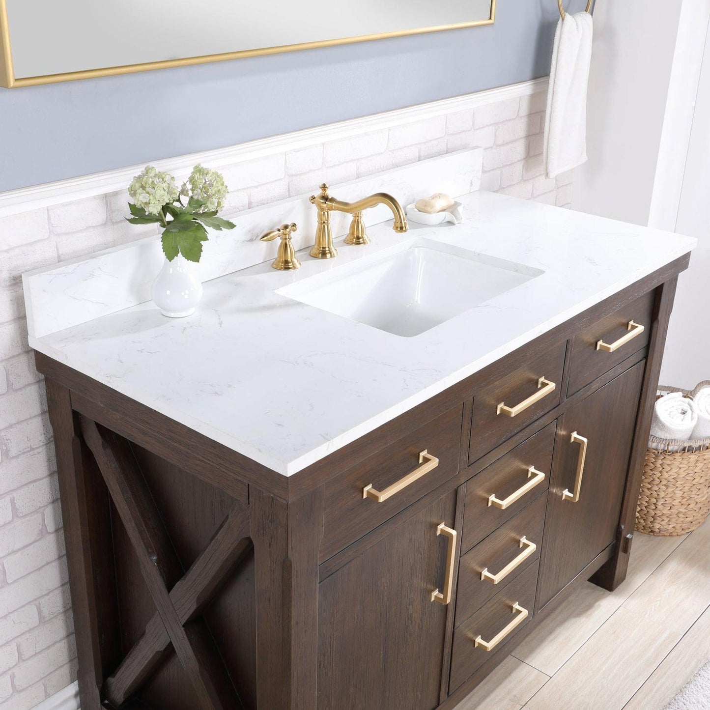 Vinnova Viella 48" Single Sink Bath Vanity In Deep Walnut Finish With White Composite Countertop And Mirror