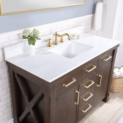 Vinnova Viella 48" Single Sink Bath Vanity In Deep Walnut Finish With White Composite Countertop And Mirror