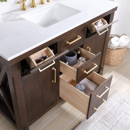 Vinnova Viella 48" Single Sink Bath Vanity In Deep Walnut Finish With White Composite Countertop And Mirror