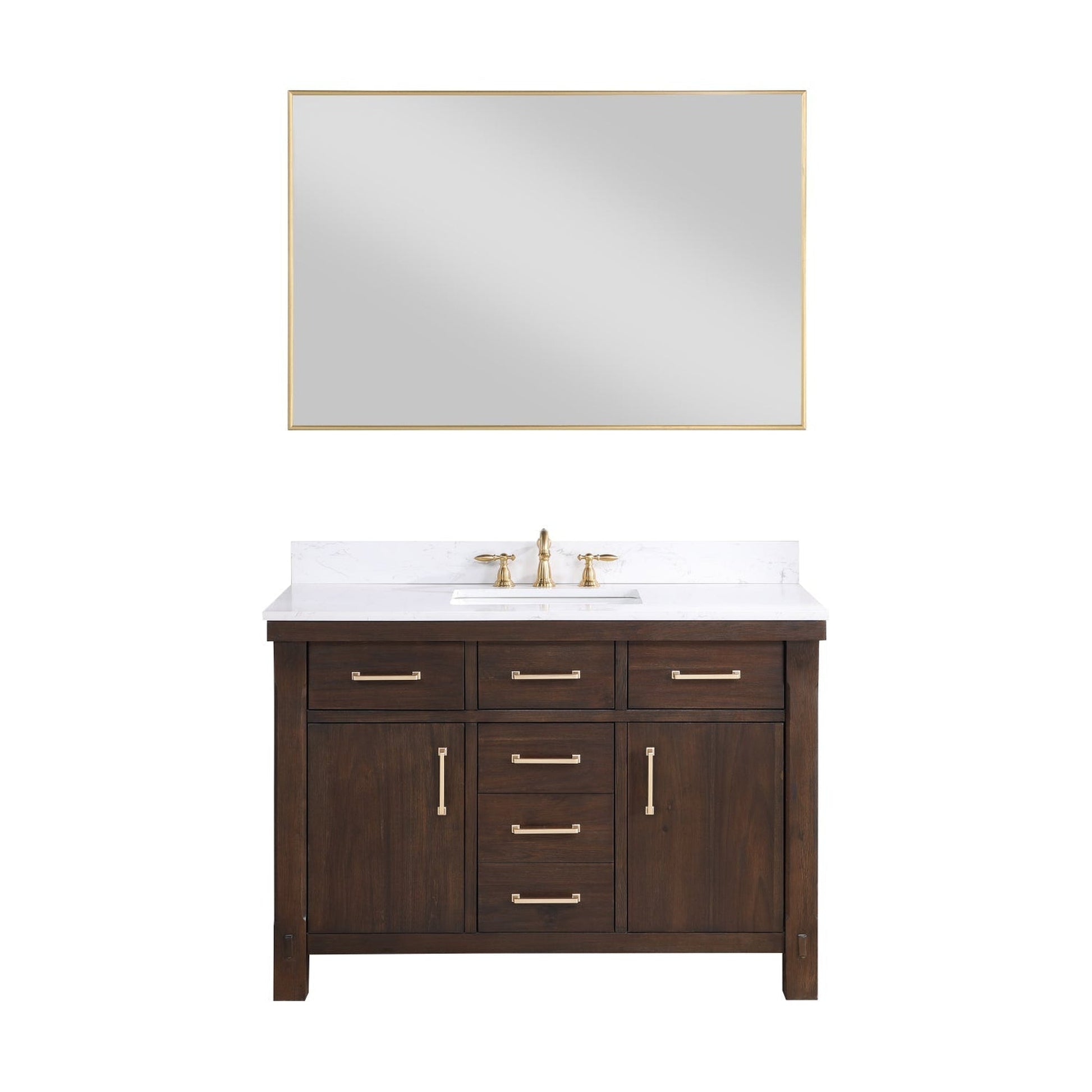 Vinnova Viella 48" Single Sink Bath Vanity In Deep Walnut Finish With White Composite Countertop And Mirror