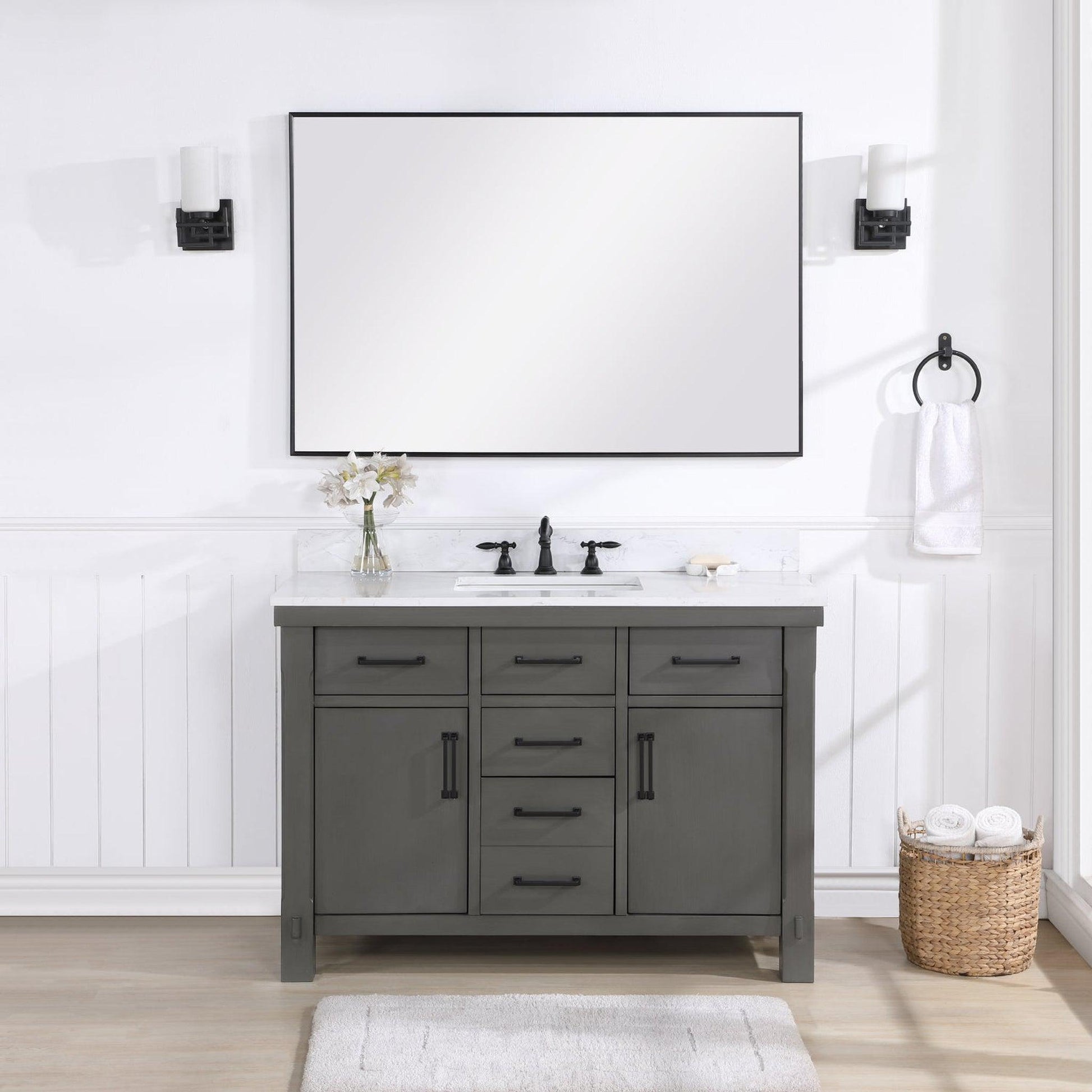 Vinnova Viella 48" Single Sink Bath Vanity In Rust Grey Finish With White Composite Countertop And Mirror