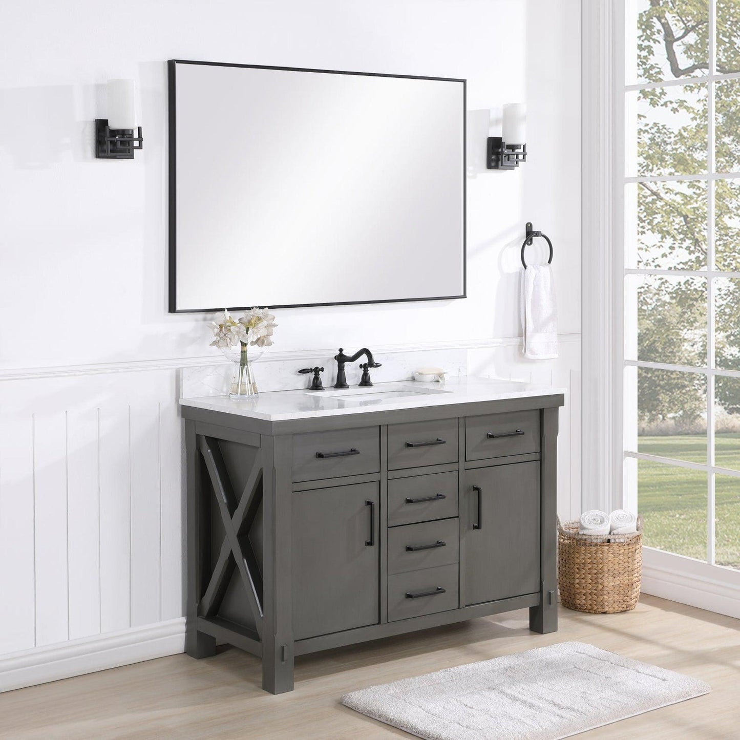 Vinnova Viella 48" Single Sink Bath Vanity In Rust Grey Finish With White Composite Countertop And Mirror