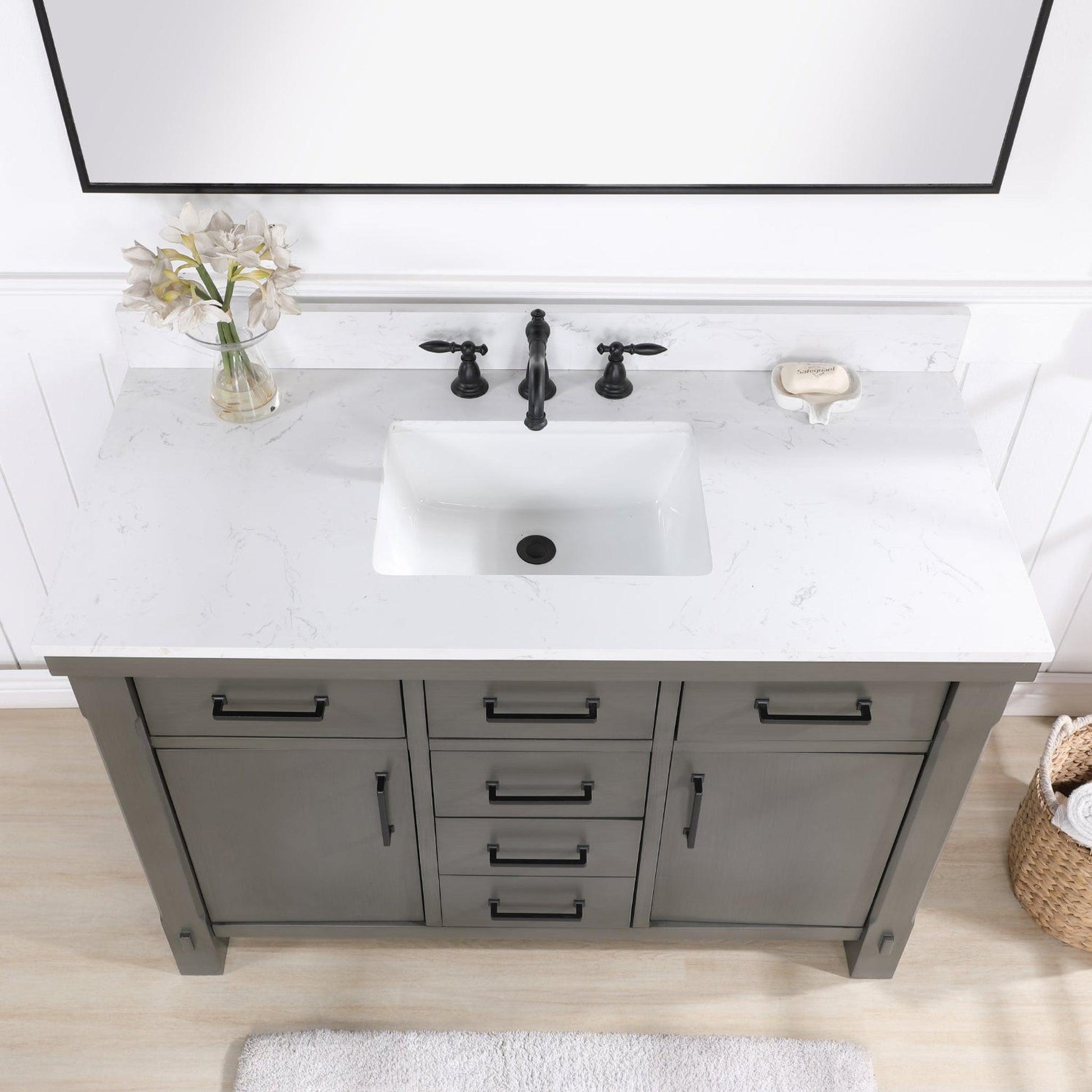 Vinnova Viella 48" Single Sink Bath Vanity In Rust Grey Finish With White Composite Countertop And Mirror