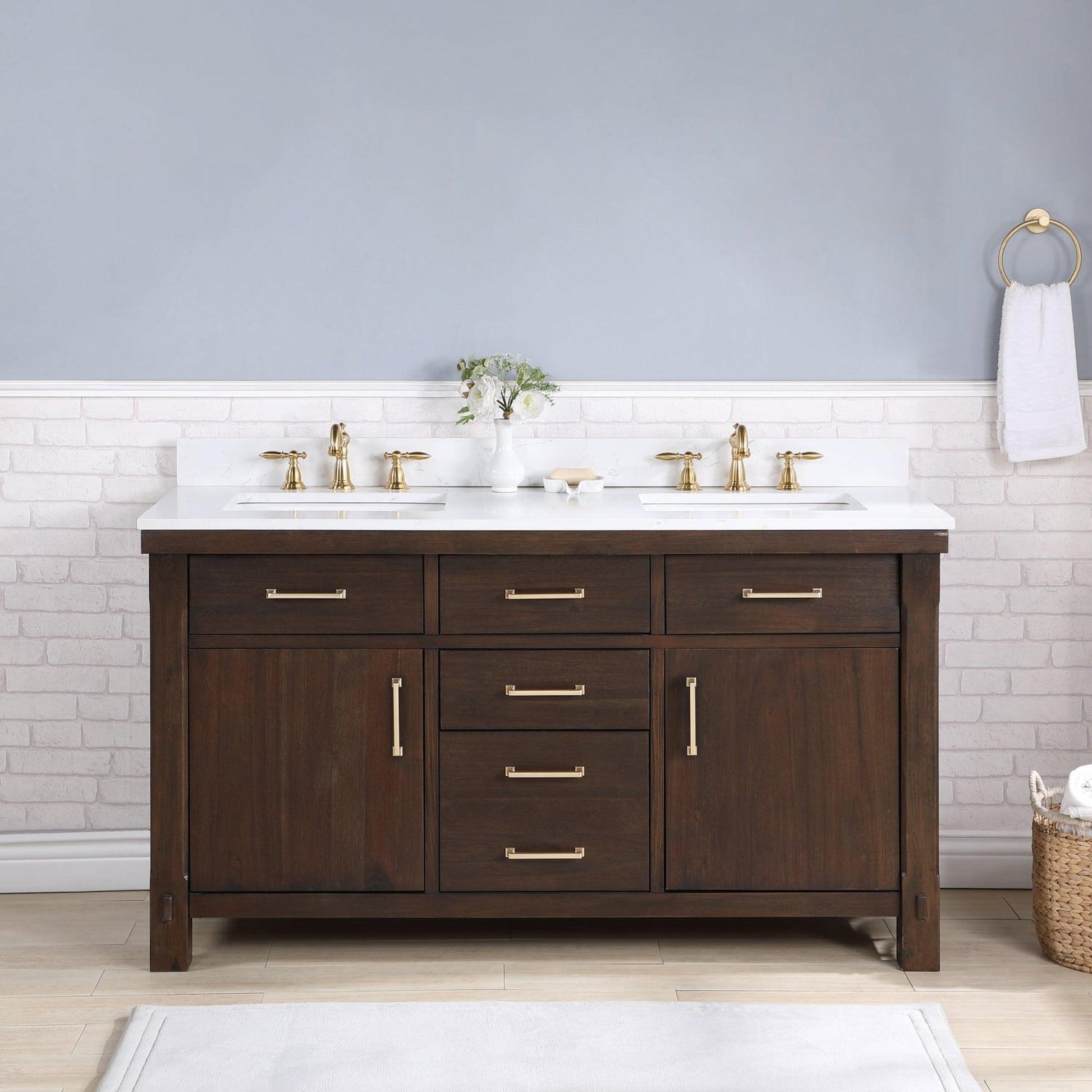 Vinnova Viella 60" Double Sink Bath Vanity In Deep Walnut Finish With White Composite Countertop