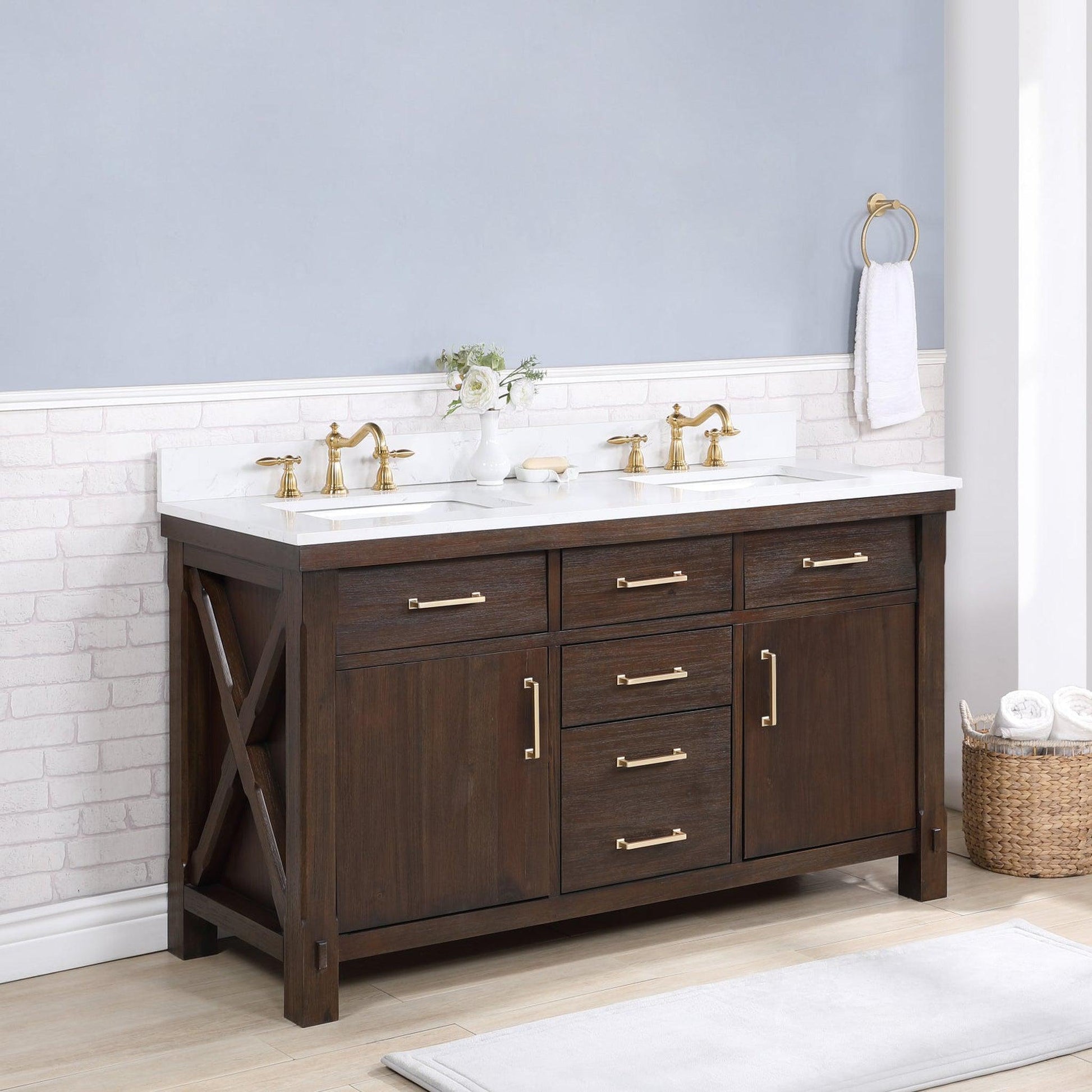 Vinnova Viella 60" Double Sink Bath Vanity In Deep Walnut Finish With White Composite Countertop