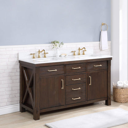 Vinnova Viella 60" Double Sink Bath Vanity In Deep Walnut Finish With White Composite Countertop