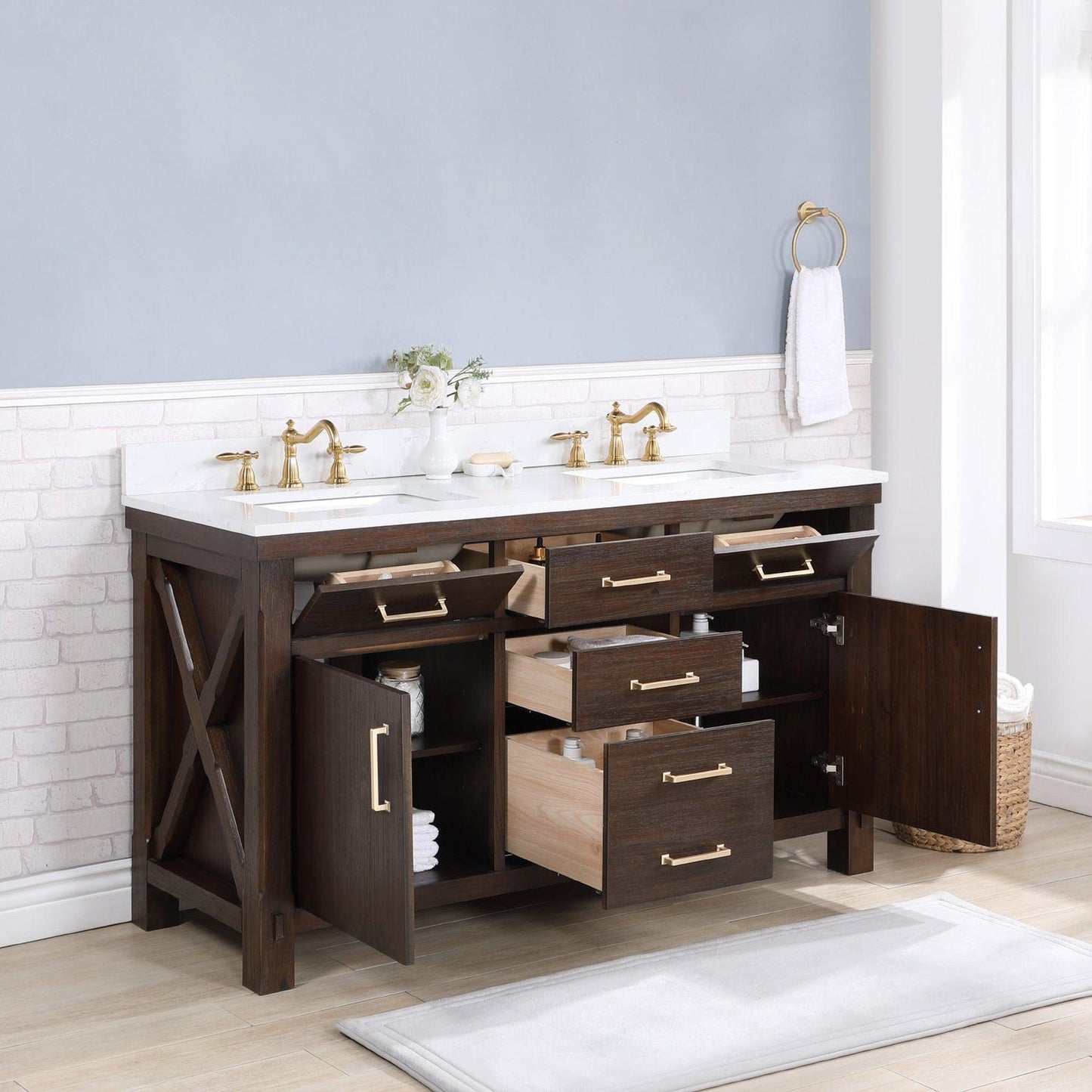 Vinnova Viella 60" Double Sink Bath Vanity In Deep Walnut Finish With White Composite Countertop