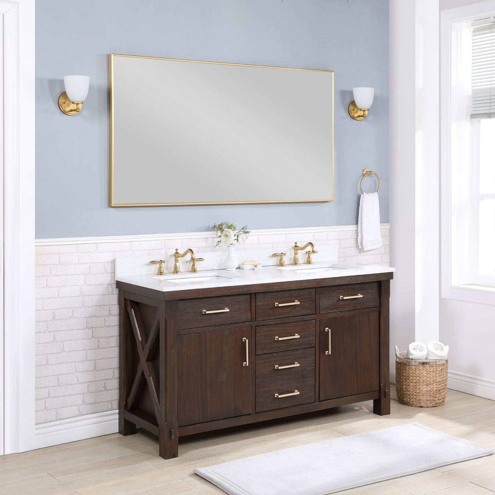 Vinnova Viella 60" Double Sink Bath Vanity In Deep Walnut Finish With White Composite Countertop And Mirror