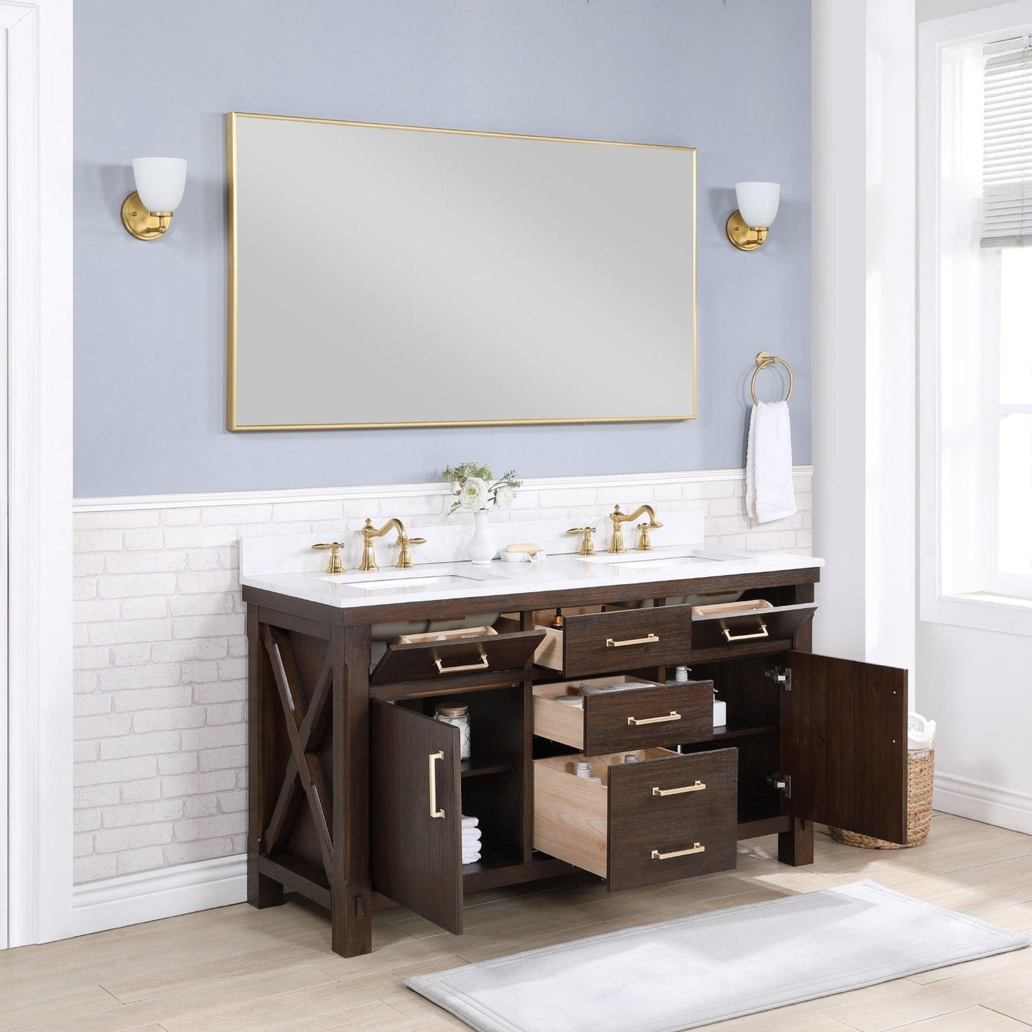 Vinnova Viella 60" Double Sink Bath Vanity In Deep Walnut Finish With White Composite Countertop And Mirror