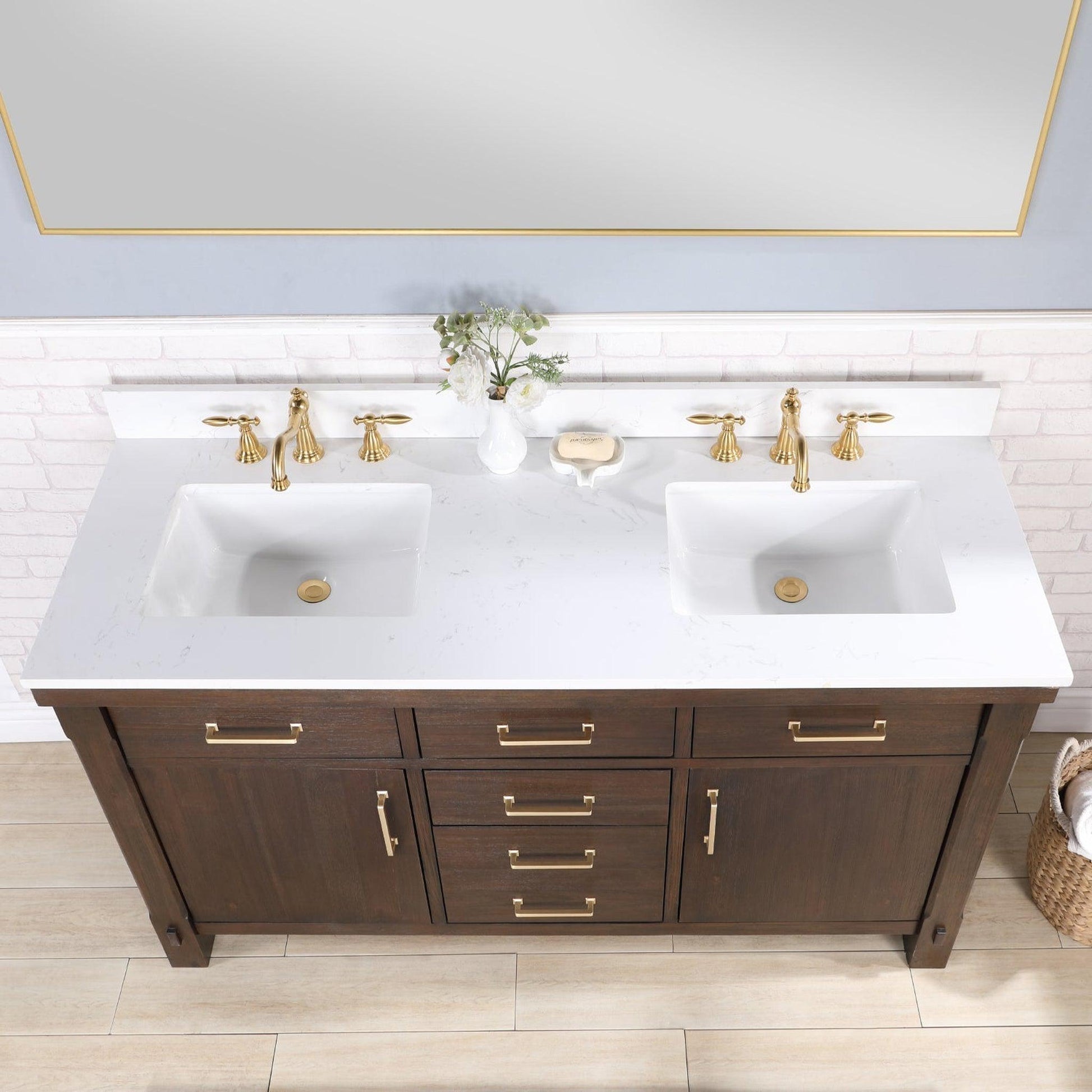 Vinnova Viella 60" Double Sink Bath Vanity In Deep Walnut Finish With White Composite Countertop And Mirror