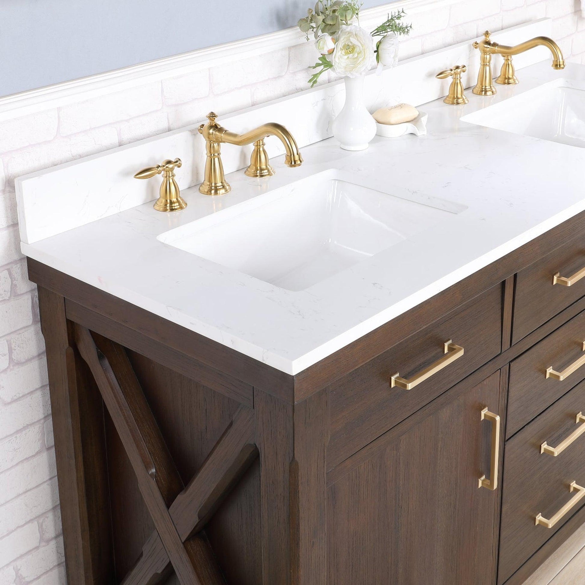 Vinnova Viella 60" Double Sink Bath Vanity In Deep Walnut Finish With White Composite Countertop And Mirror