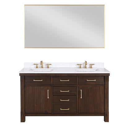 Vinnova Viella 60" Double Sink Bath Vanity In Deep Walnut Finish With White Composite Countertop And Mirror