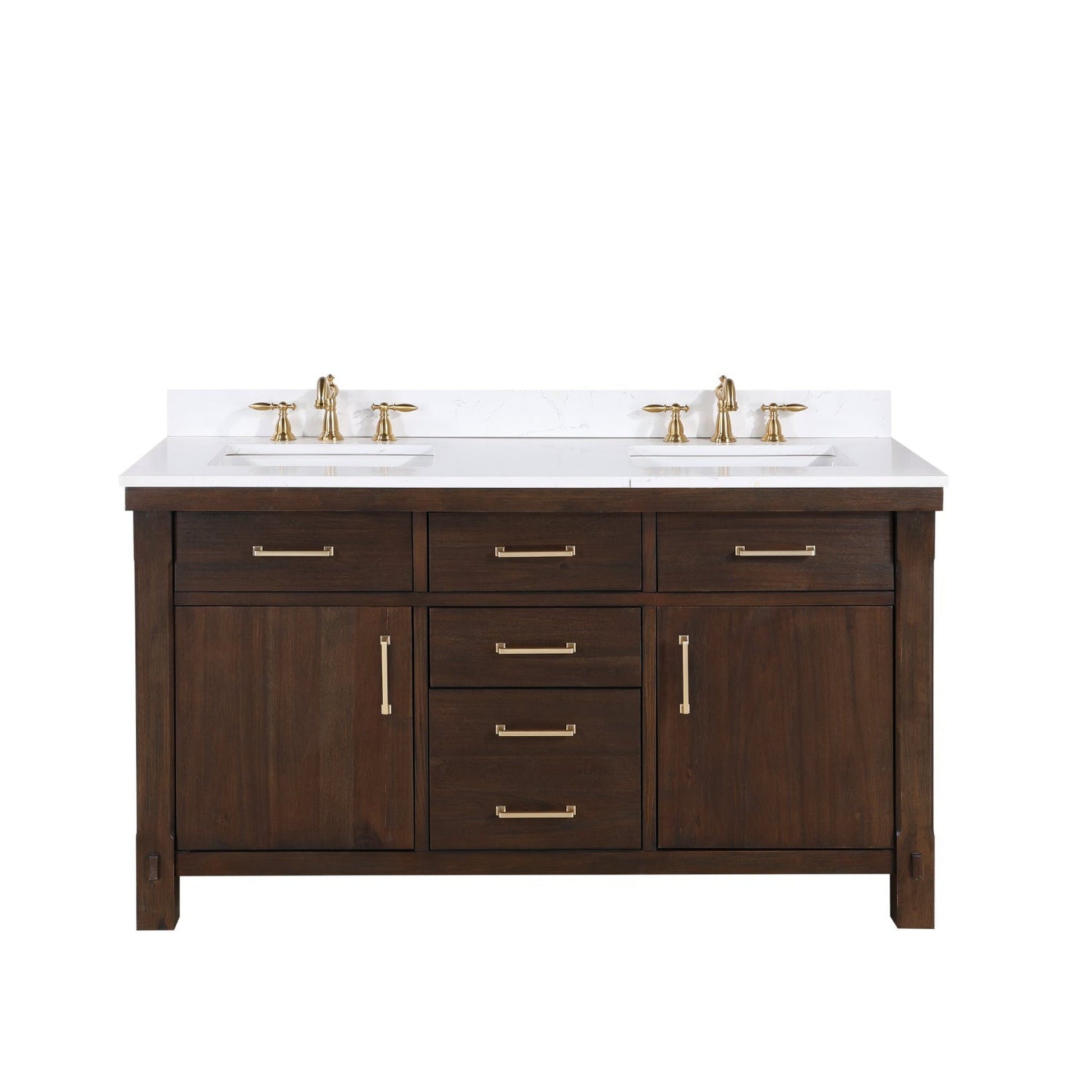 Vinnova Viella 60" Double Sink Bath Vanity In Deep Walnut Finish With White Composite Countertop