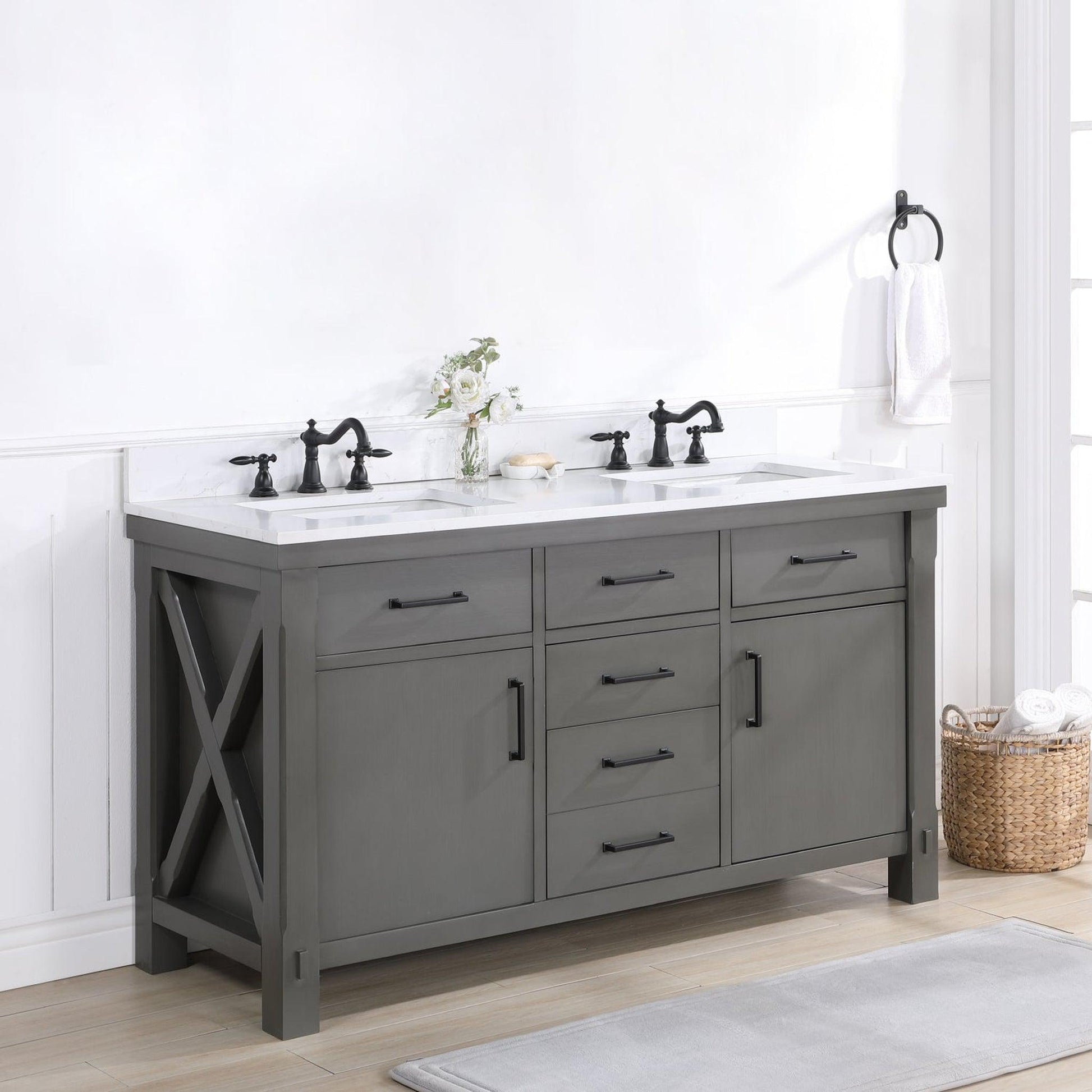 Vinnova Viella 60" Double Sink Bath Vanity In Rust Grey Finish With White Composite Countertop