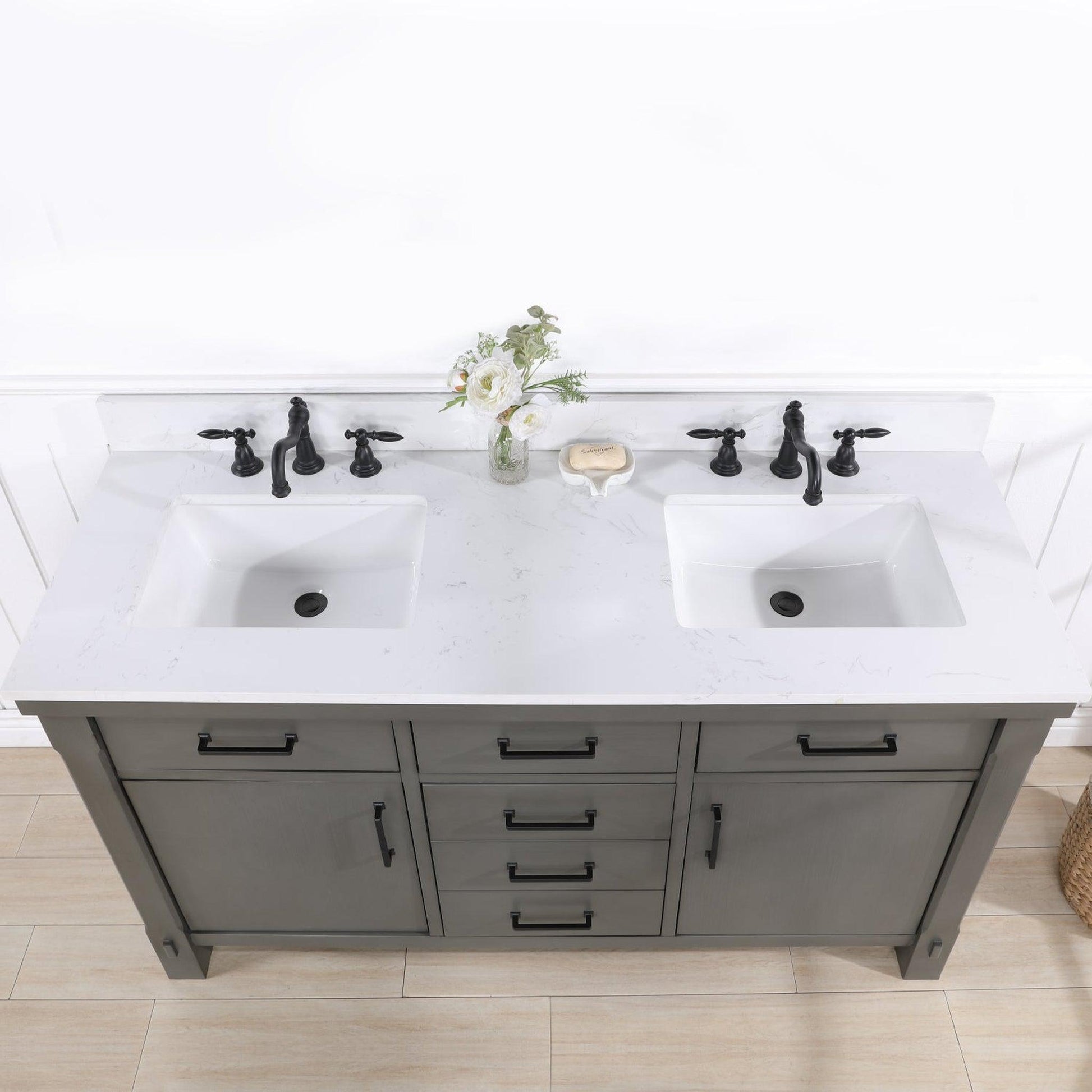 Vinnova Viella 60" Double Sink Bath Vanity In Rust Grey Finish With White Composite Countertop