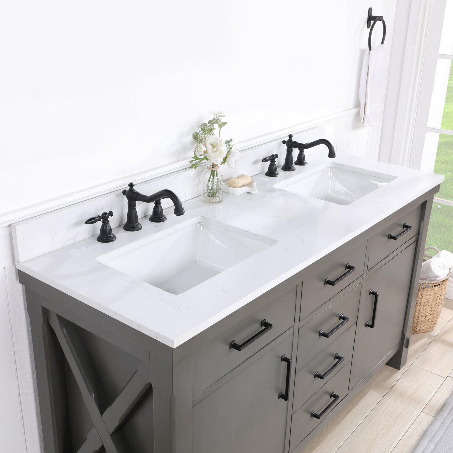 Vinnova Viella 60" Double Sink Bath Vanity In Rust Grey Finish With White Composite Countertop