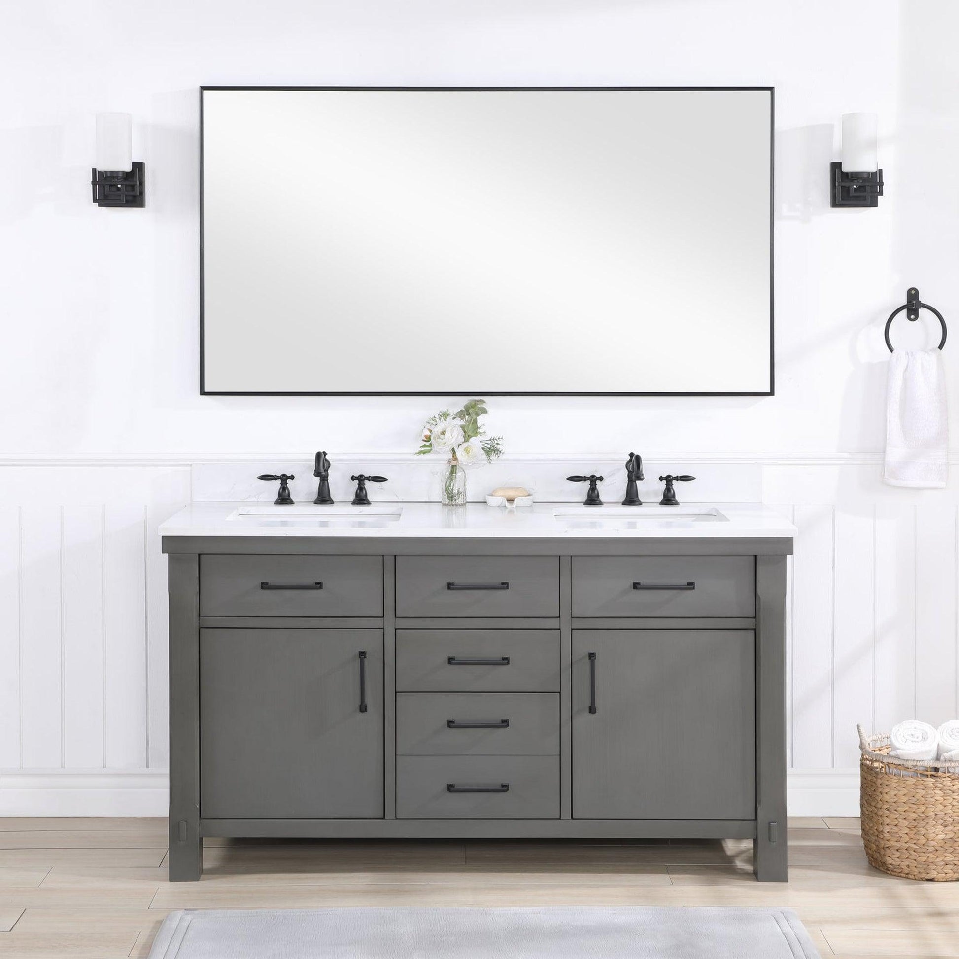 Vinnova Viella 60" Double Sink Bath Vanity In Rust Grey Finish With White Composite Countertop And Mirror