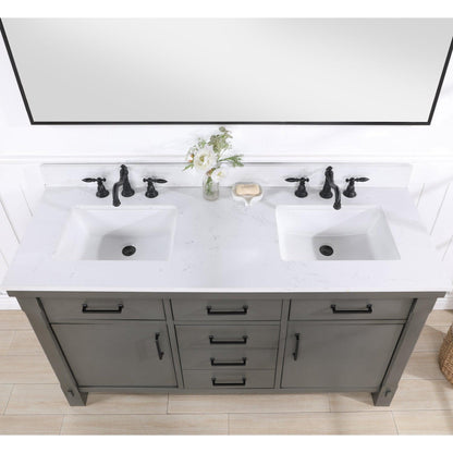 Vinnova Viella 60" Double Sink Bath Vanity In Rust Grey Finish With White Composite Countertop And Mirror