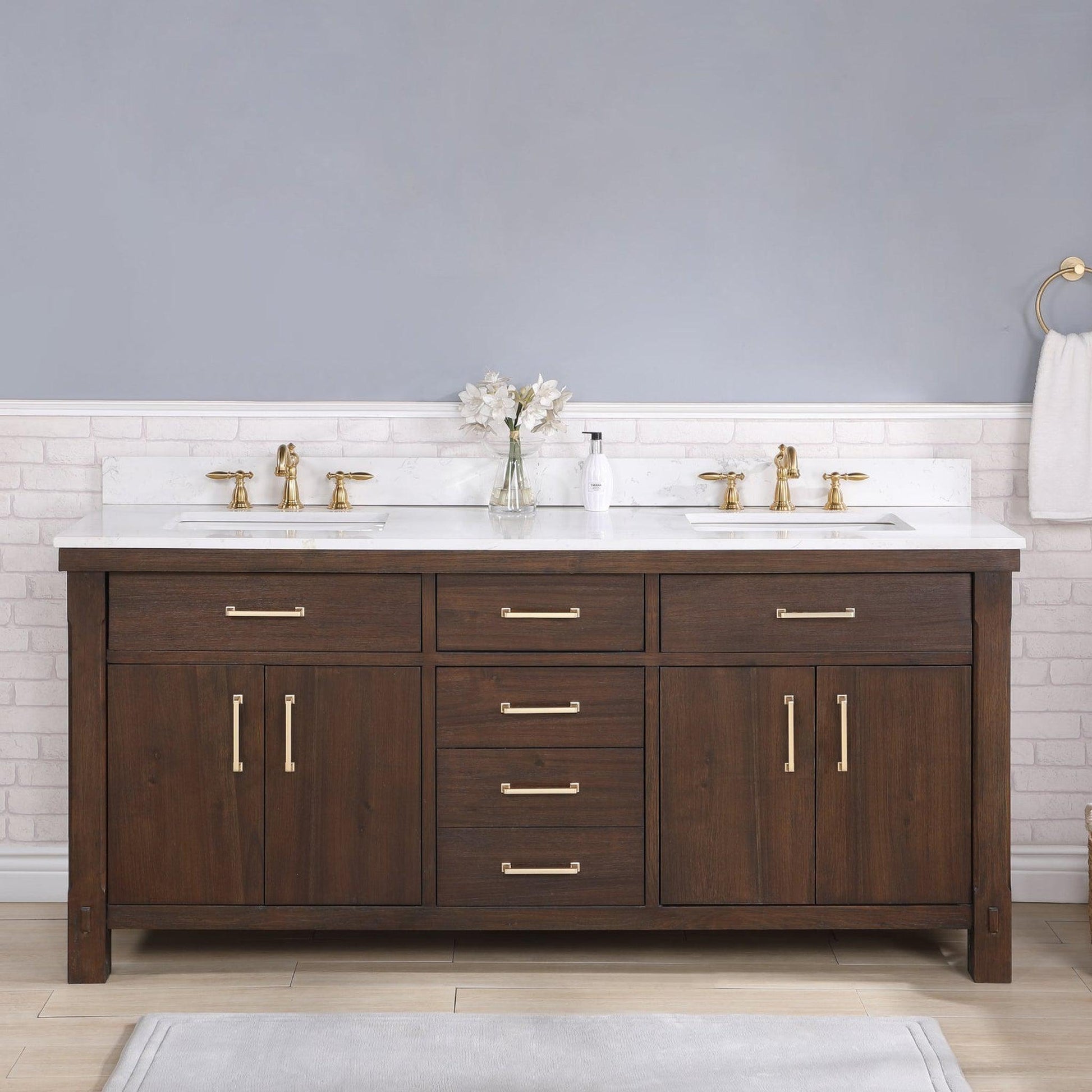 Vinnova Viella 72" Double Sink Bath Vanity In Deep Walnut Finish With White Composite Countertop