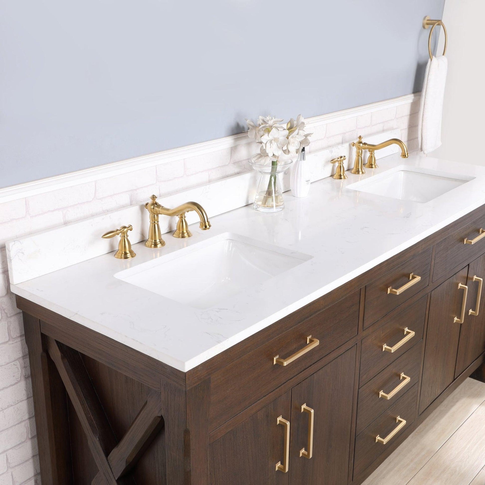 Vinnova Viella 72" Double Sink Bath Vanity In Deep Walnut Finish With White Composite Countertop