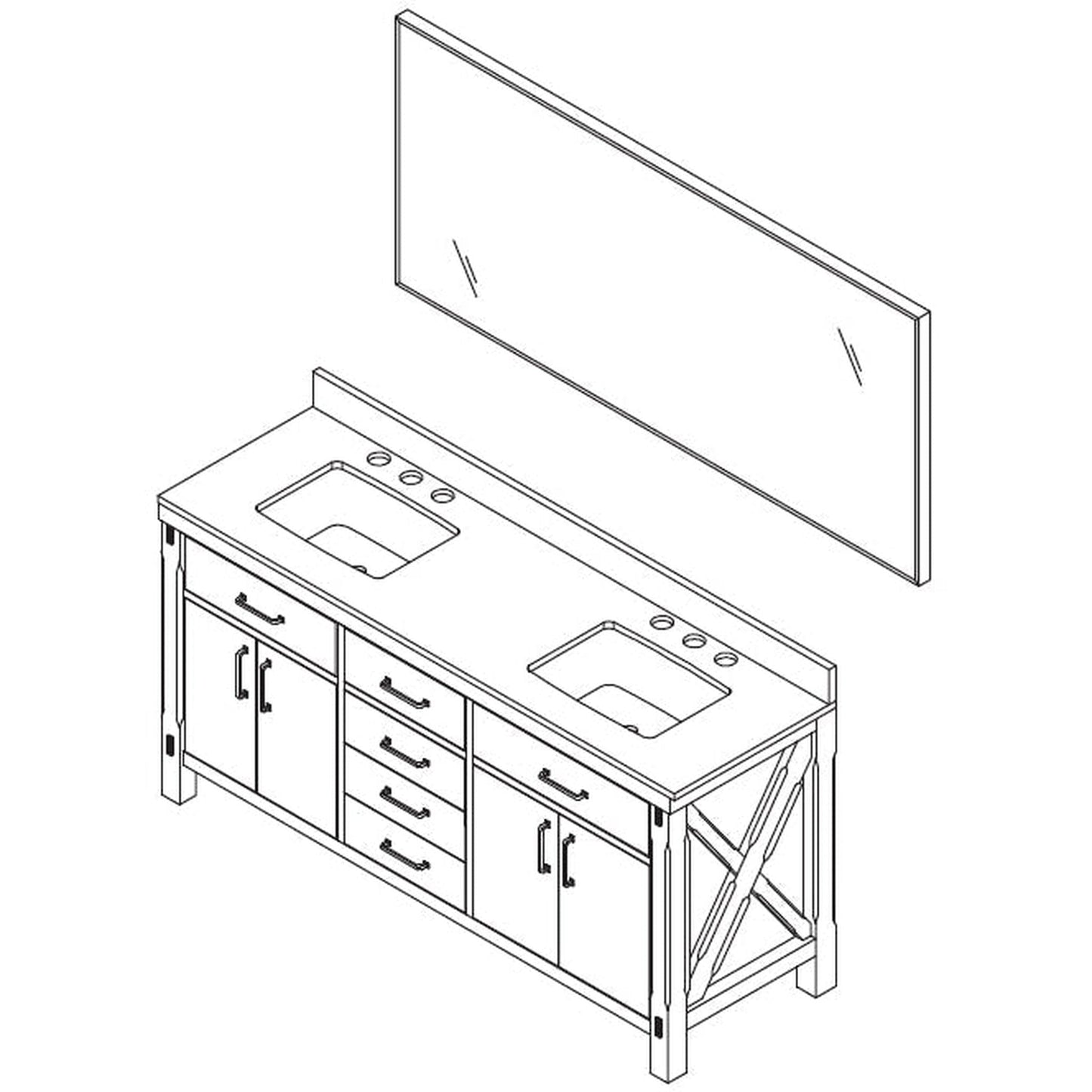 Vinnova Viella 72" Double Sink Bath Vanity In Deep Walnut Finish With White Composite Countertop And Mirror