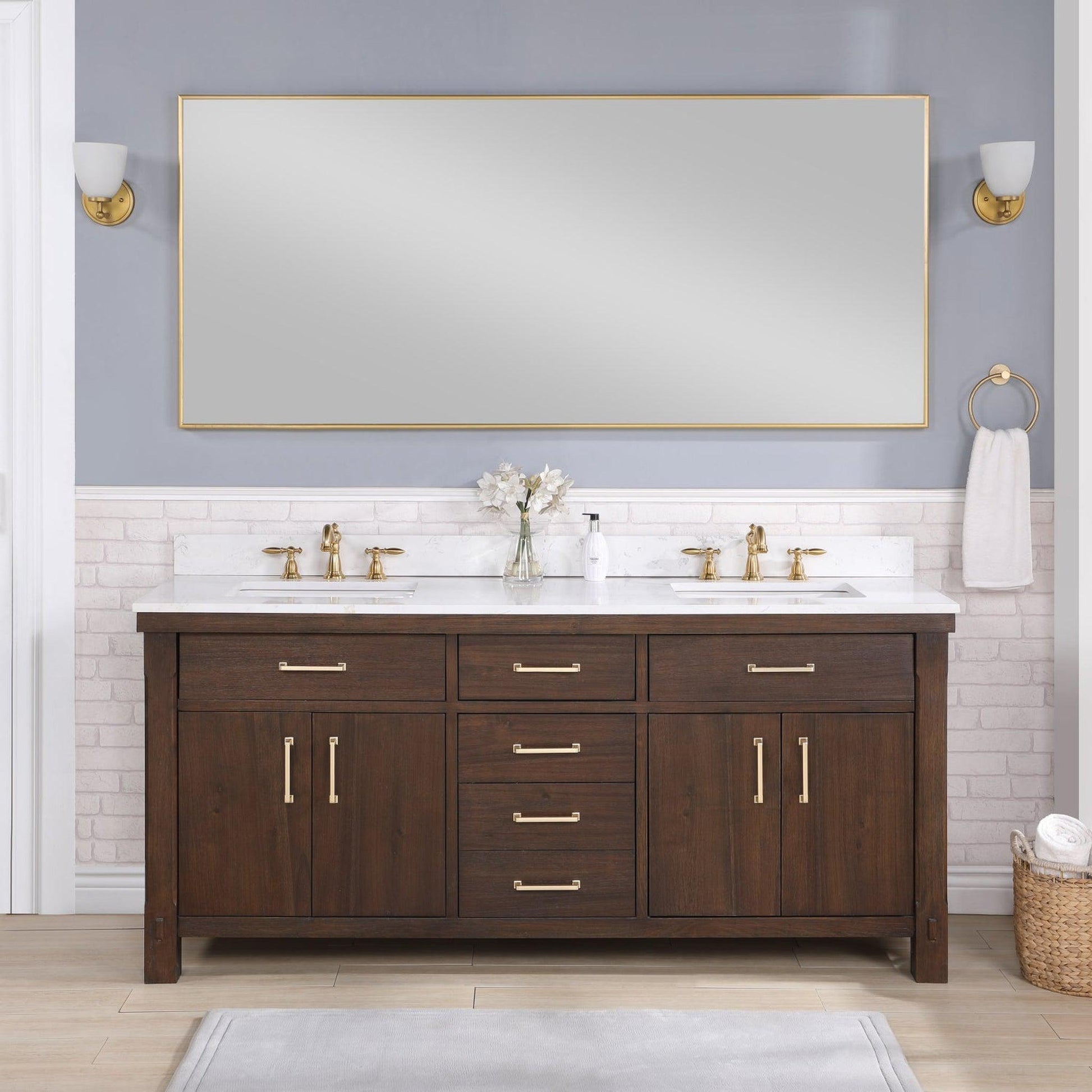 Vinnova Viella 72" Double Sink Bath Vanity In Deep Walnut Finish With White Composite Countertop And Mirror