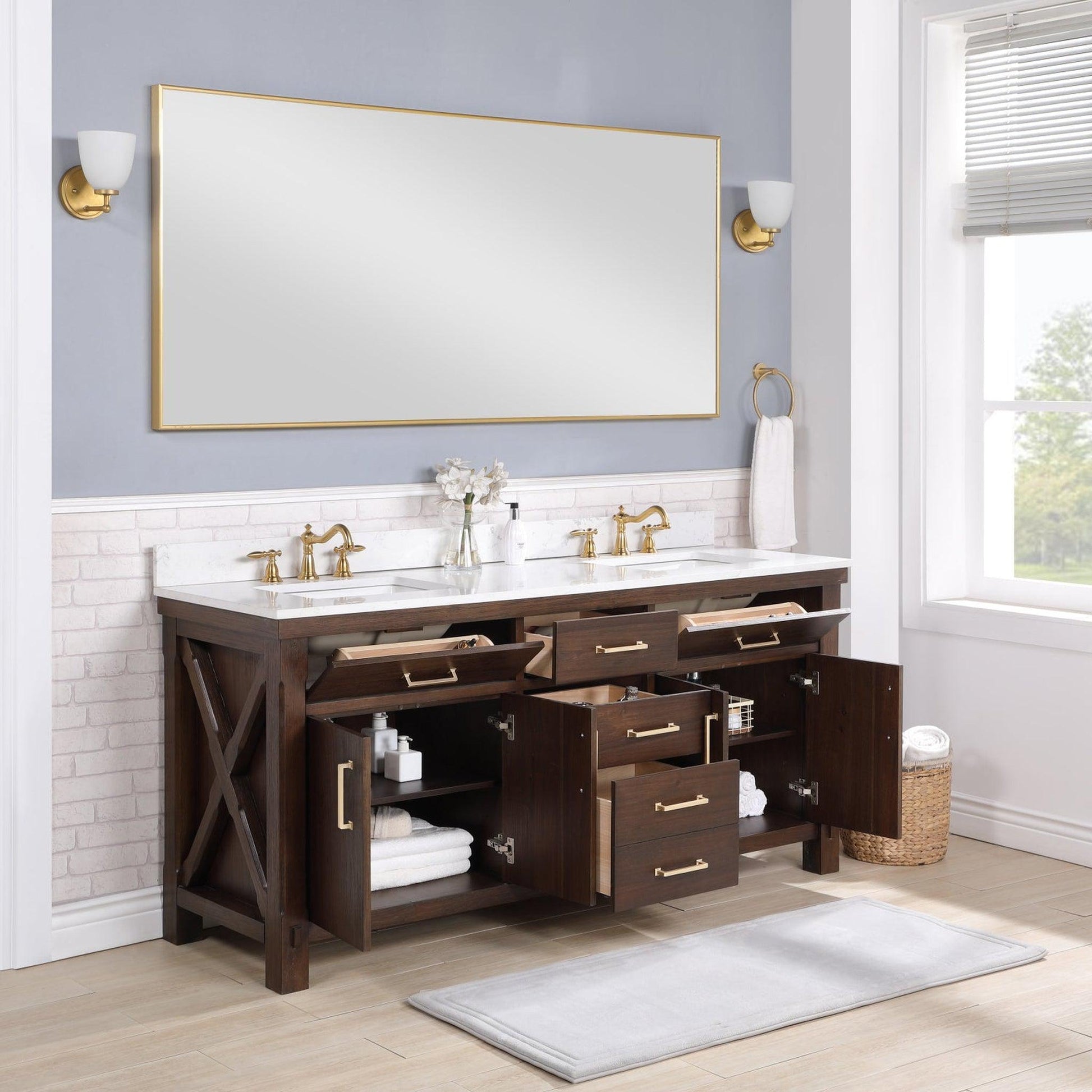 Vinnova Viella 72" Double Sink Bath Vanity In Deep Walnut Finish With White Composite Countertop And Mirror