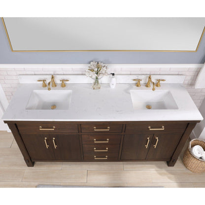 Vinnova Viella 72" Double Sink Bath Vanity In Deep Walnut Finish With White Composite Countertop And Mirror