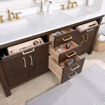 Vinnova Viella 72" Double Sink Bath Vanity In Deep Walnut Finish With White Composite Countertop And Mirror
