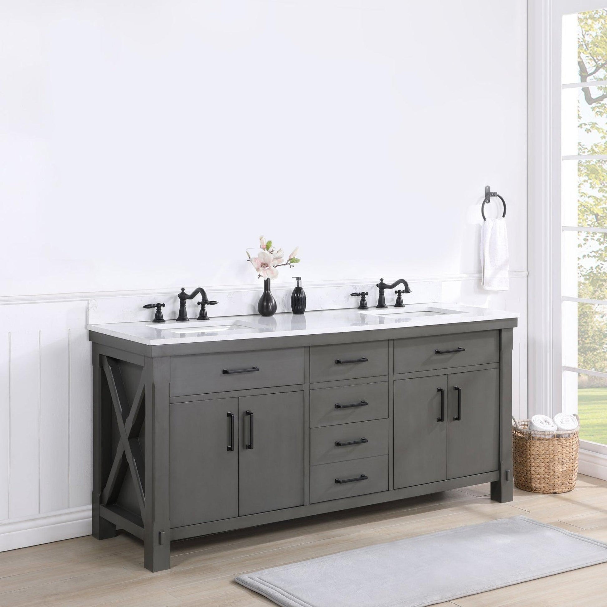 Vinnova Viella 72" Double Sink Bath Vanity In Rust Grey Finish With White Composite Countertop