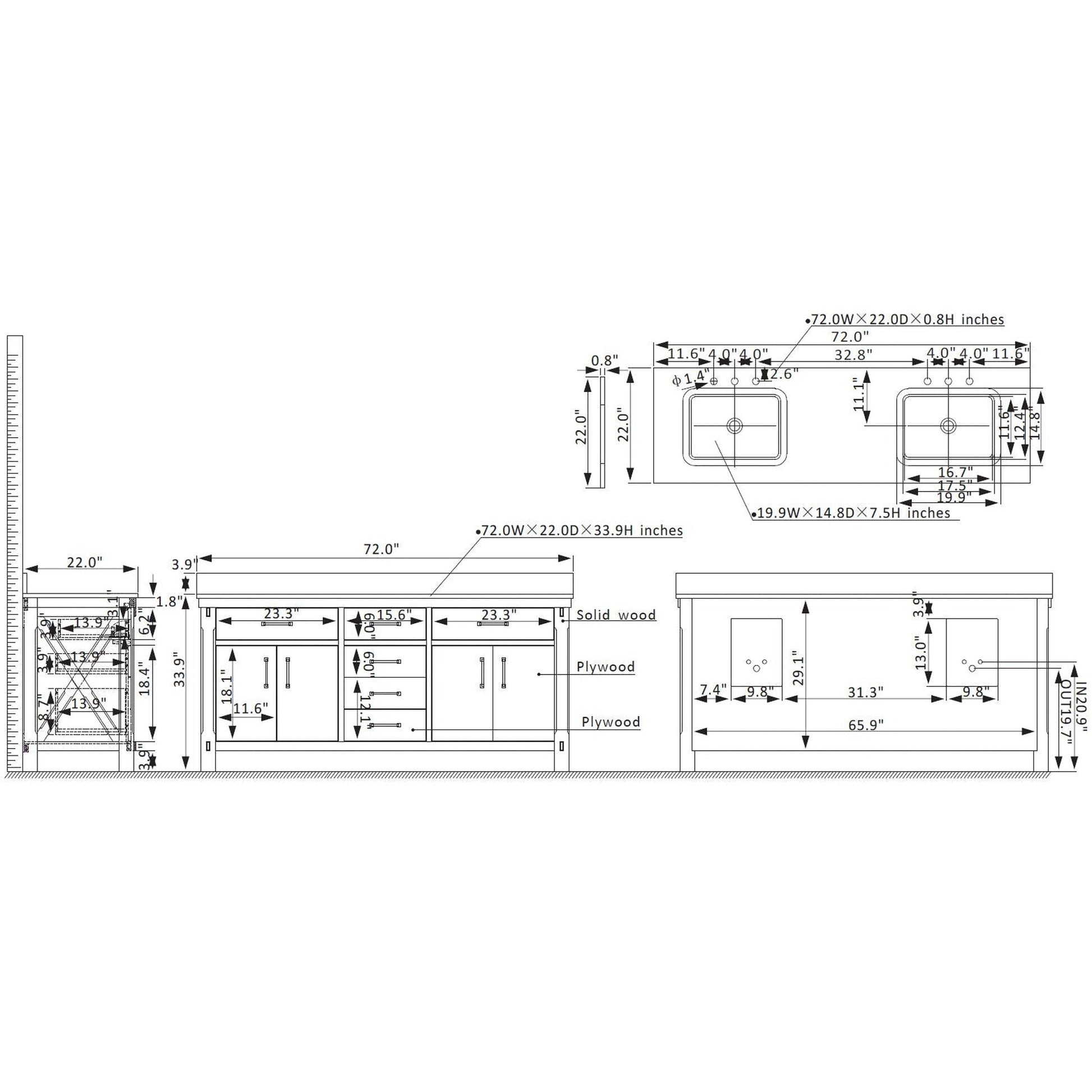 Vinnova Viella 72" Double Sink Bath Vanity In Rust Grey Finish With White Composite Countertop