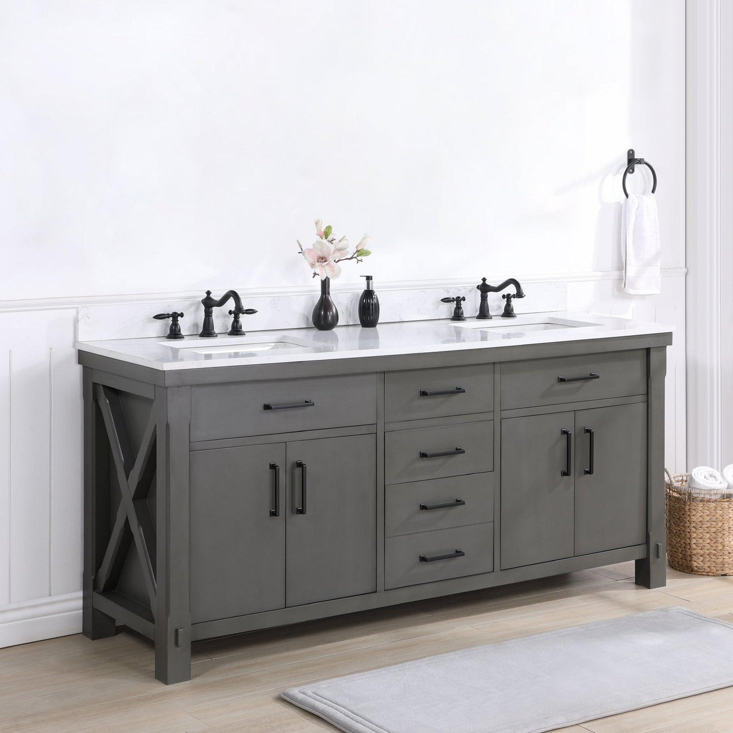 Vinnova Viella 72" Double Sink Bath Vanity In Rust Grey Finish With White Composite Countertop