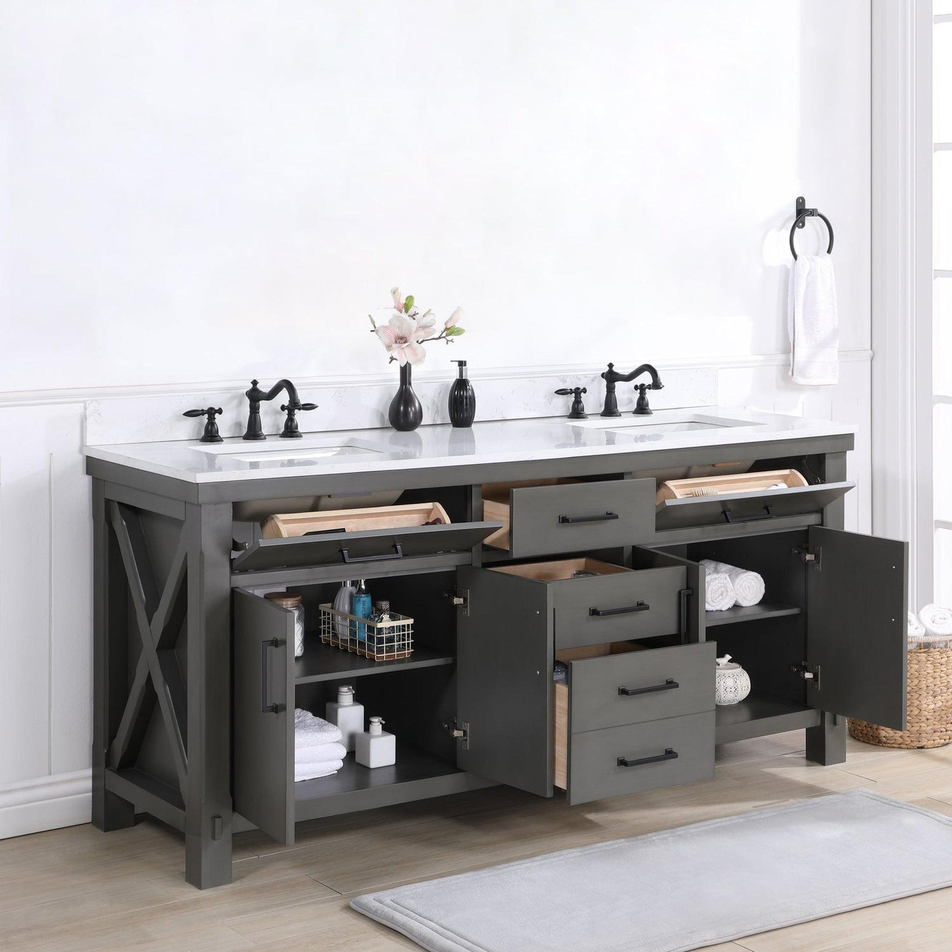 Vinnova Viella 72" Double Sink Bath Vanity In Rust Grey Finish With White Composite Countertop