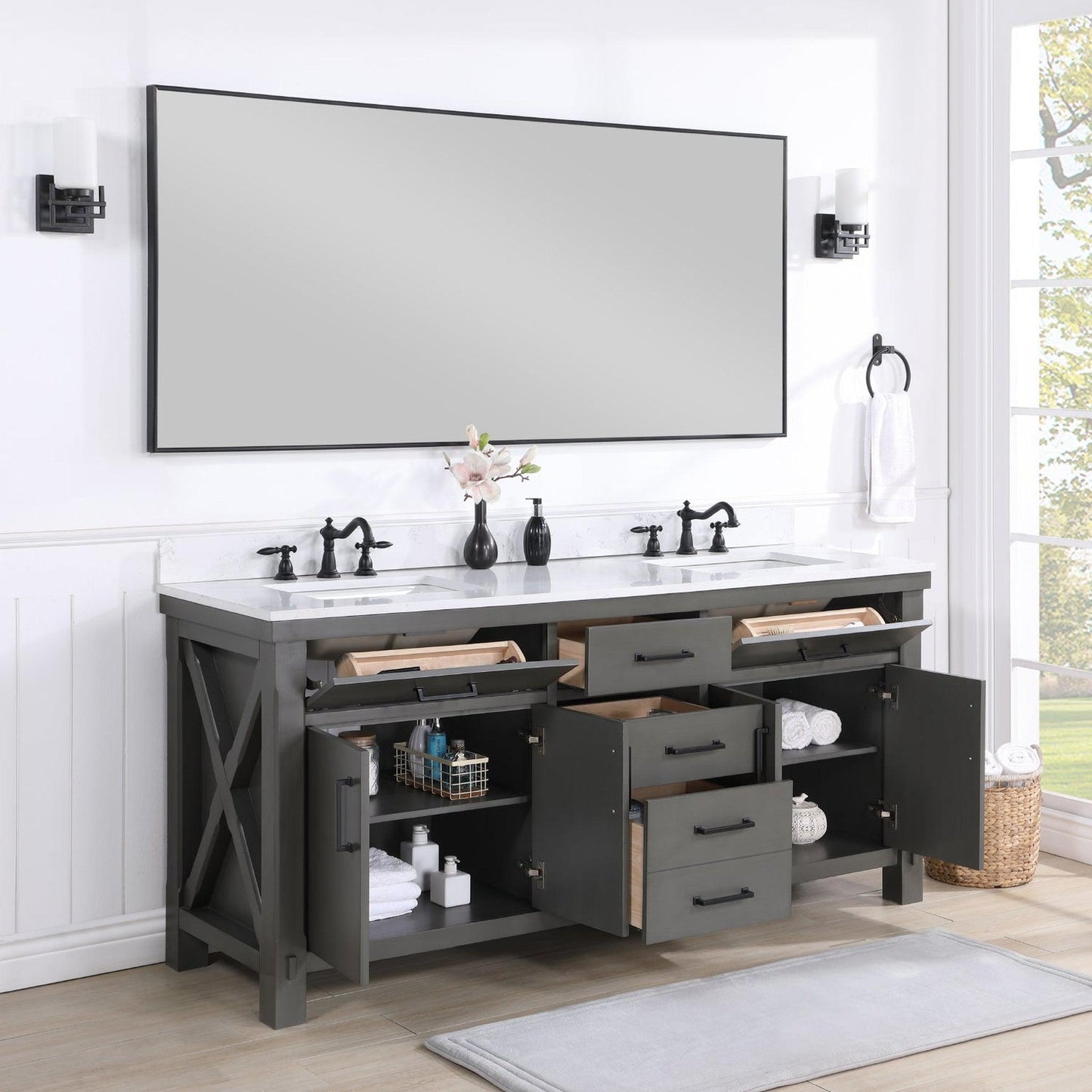 Vinnova Viella 72" Double Sink Bath Vanity In Rust Grey Finish With White Composite Countertop And Mirror