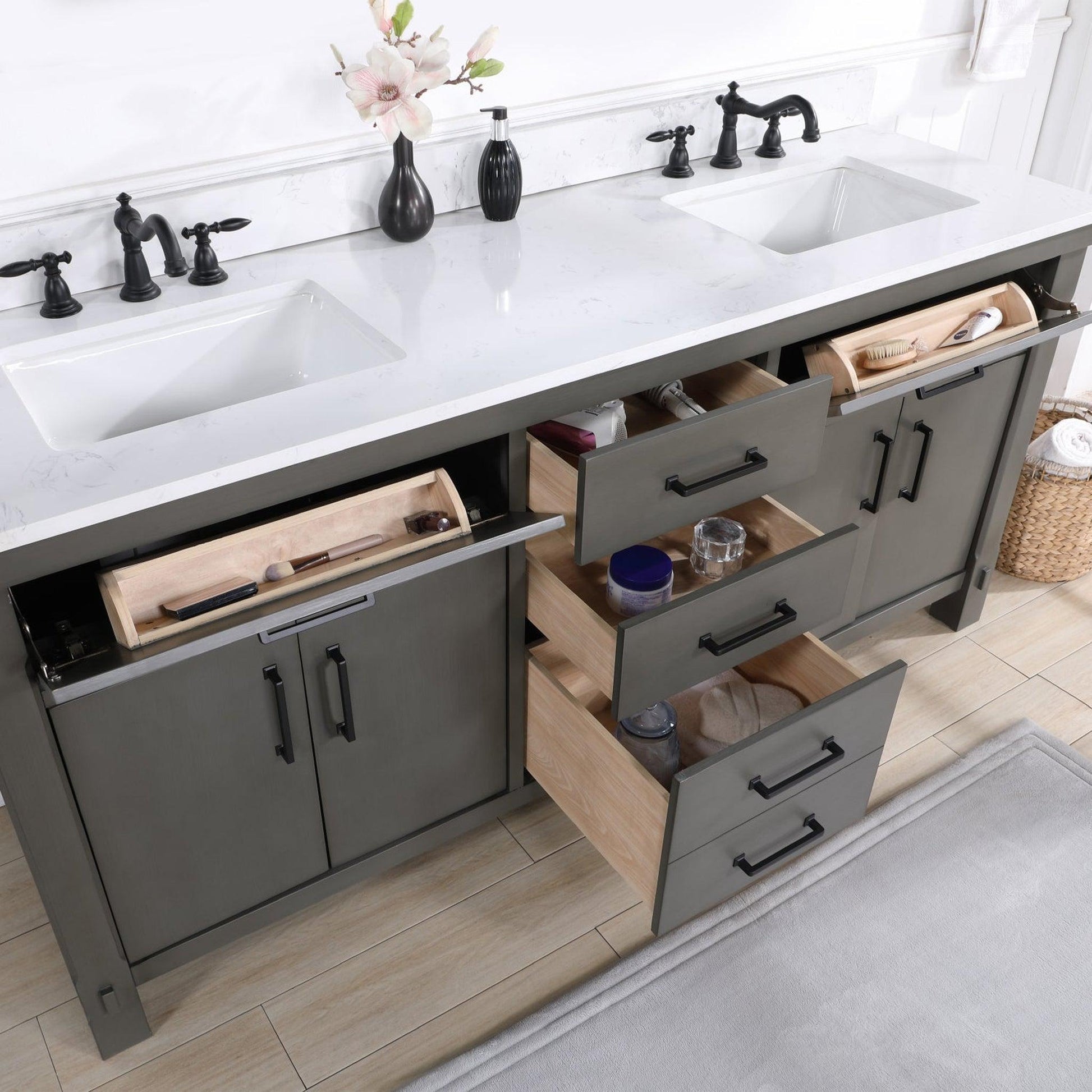 Vinnova Viella 72" Double Sink Bath Vanity In Rust Grey Finish With White Composite Countertop And Mirror