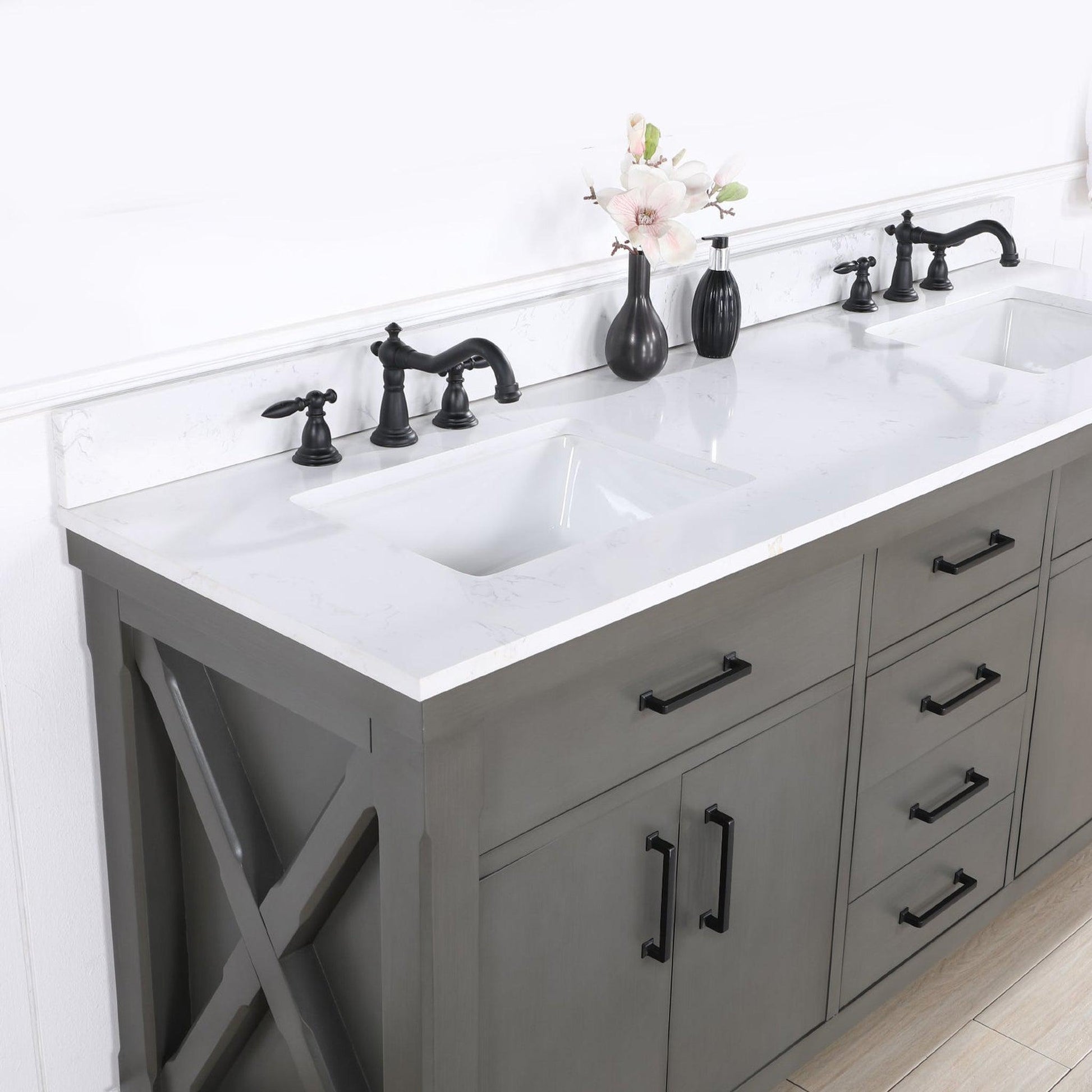 Vinnova Viella 72" Double Sink Bath Vanity In Rust Grey Finish With White Composite Countertop And Mirror