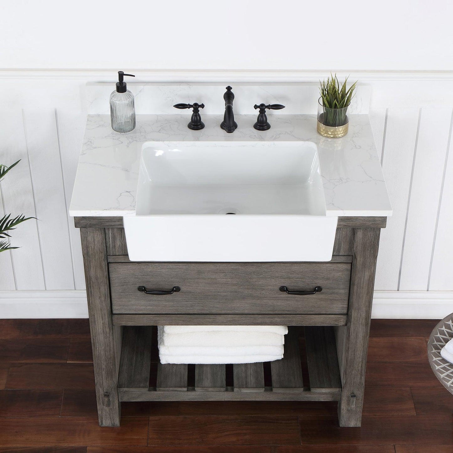 Vinnova Villareal 36" Single Bath Vanity In Classical Grey With Composite Stone Top In White Finish And White Farmhouse Basin