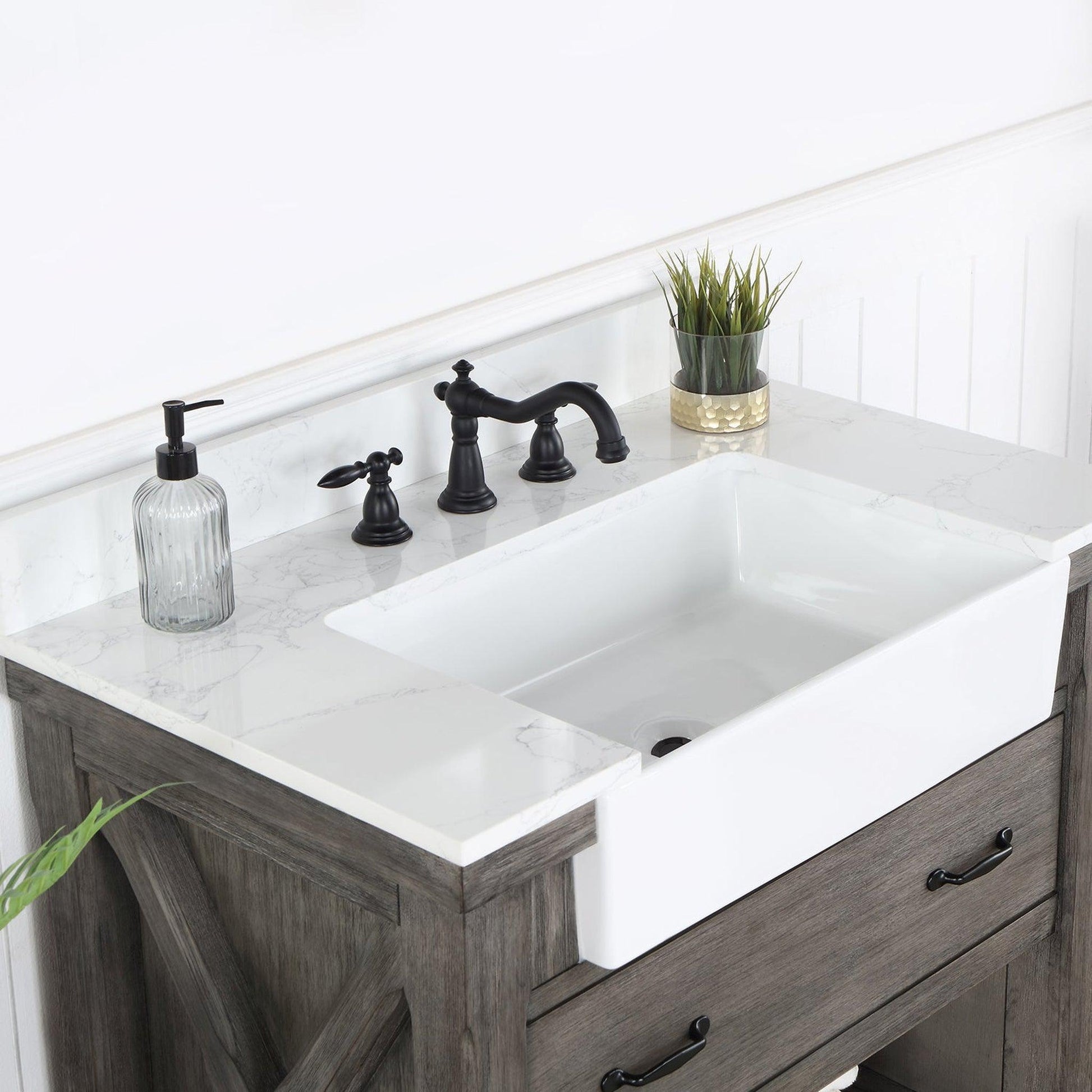 Vinnova Villareal 36" Single Bath Vanity In Classical Grey With Composite Stone Top In White Finish And White Farmhouse Basin