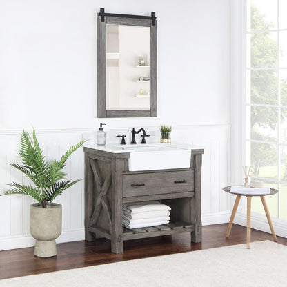 Vinnova Villareal 36" Single Bath Vanity In Classical Grey With Composite Stone Top In White Finish And White Farmhouse Basin And Mirror