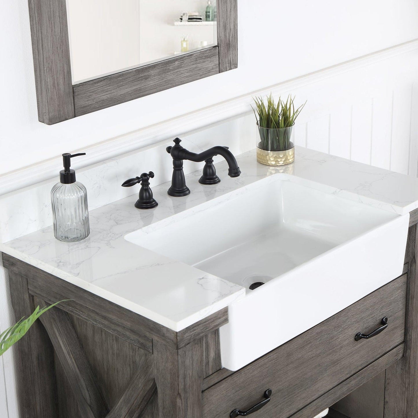 Vinnova Villareal 36" Single Bath Vanity In Classical Grey With Composite Stone Top In White Finish And White Farmhouse Basin And Mirror