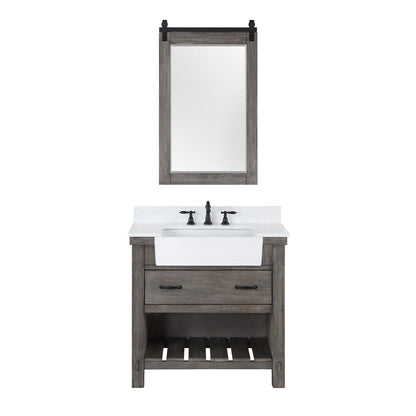 Vinnova Villareal 36" Single Bath Vanity In Classical Grey With Composite Stone Top In White Finish And White Farmhouse Basin And Mirror