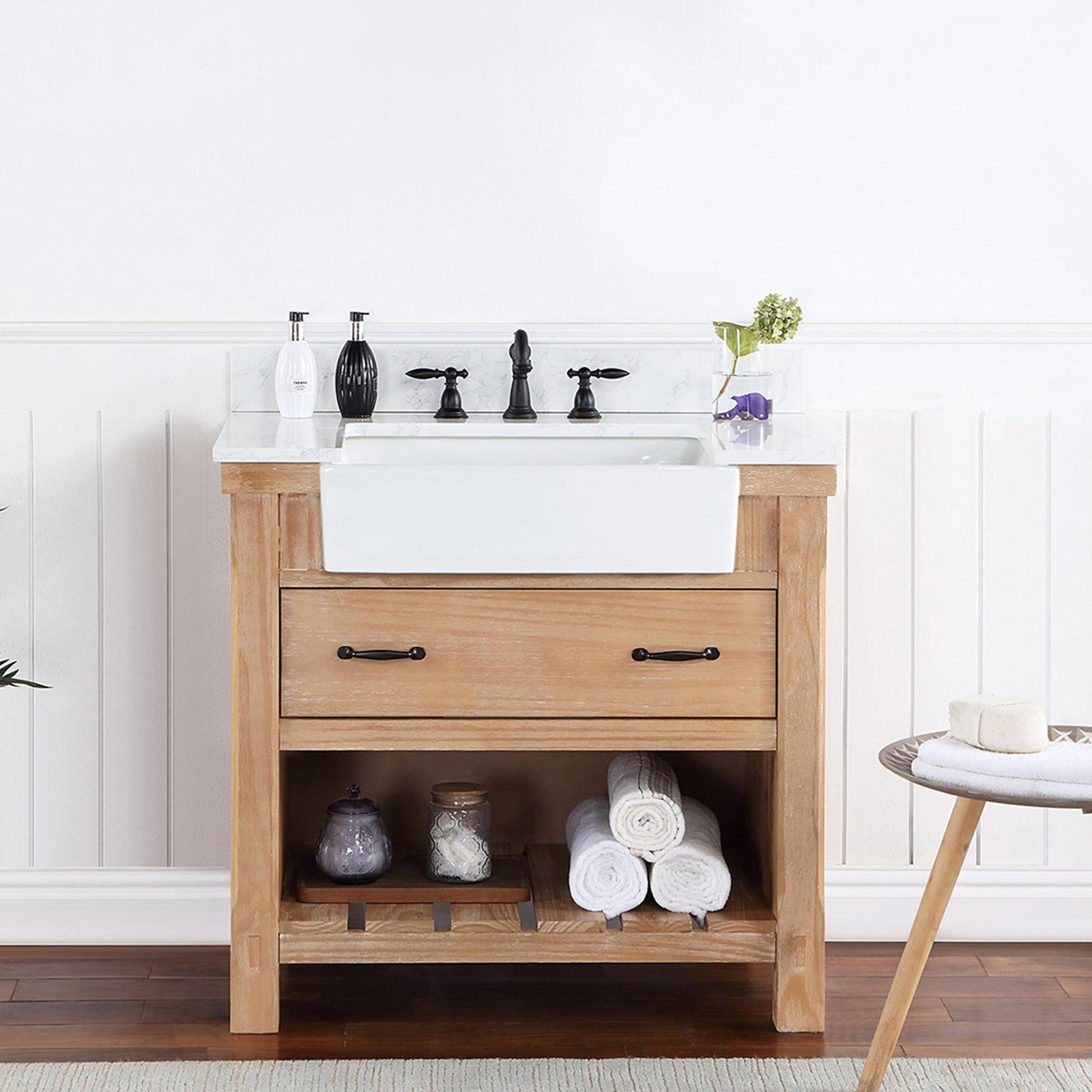 Vinnova Villareal 36" Single Bath Vanity In Weathered Pine With Composite Stone Top In White Finish And White Farmhouse Basin