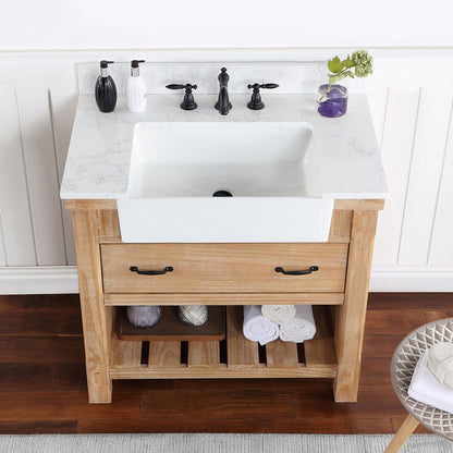 Vinnova Villareal 36" Single Bath Vanity In Weathered Pine With Composite Stone Top In White Finish And White Farmhouse Basin