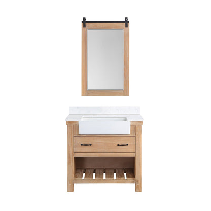 Vinnova Villareal 36" Single Bath Vanity In Weathered Pine With Composite Stone Top In White Finish And White Farmhouse Basin And Mirror