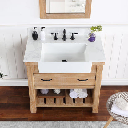 Vinnova Villareal 36" Single Bath Vanity In Weathered Pine With Composite Stone Top In White Finish And White Farmhouse Basin And Mirror