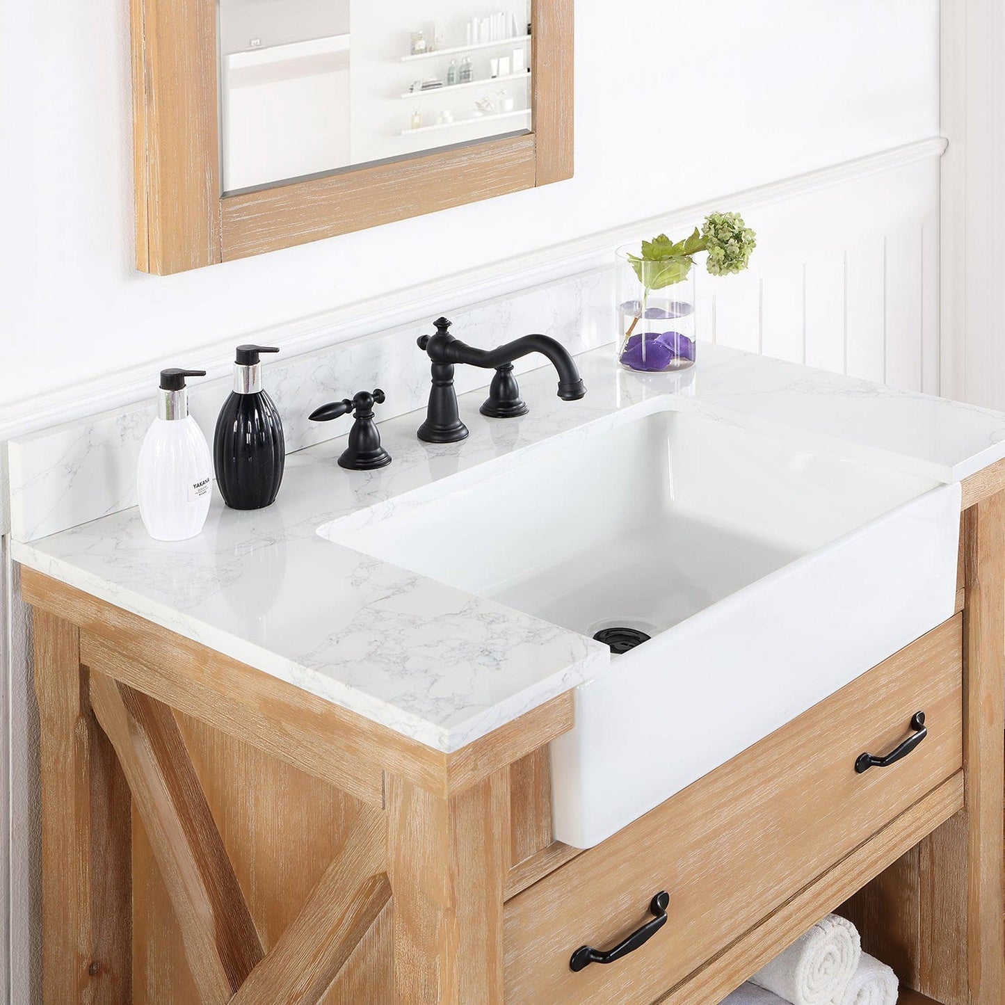 Vinnova Villareal 36" Single Bath Vanity In Weathered Pine With Composite Stone Top In White Finish And White Farmhouse Basin And Mirror