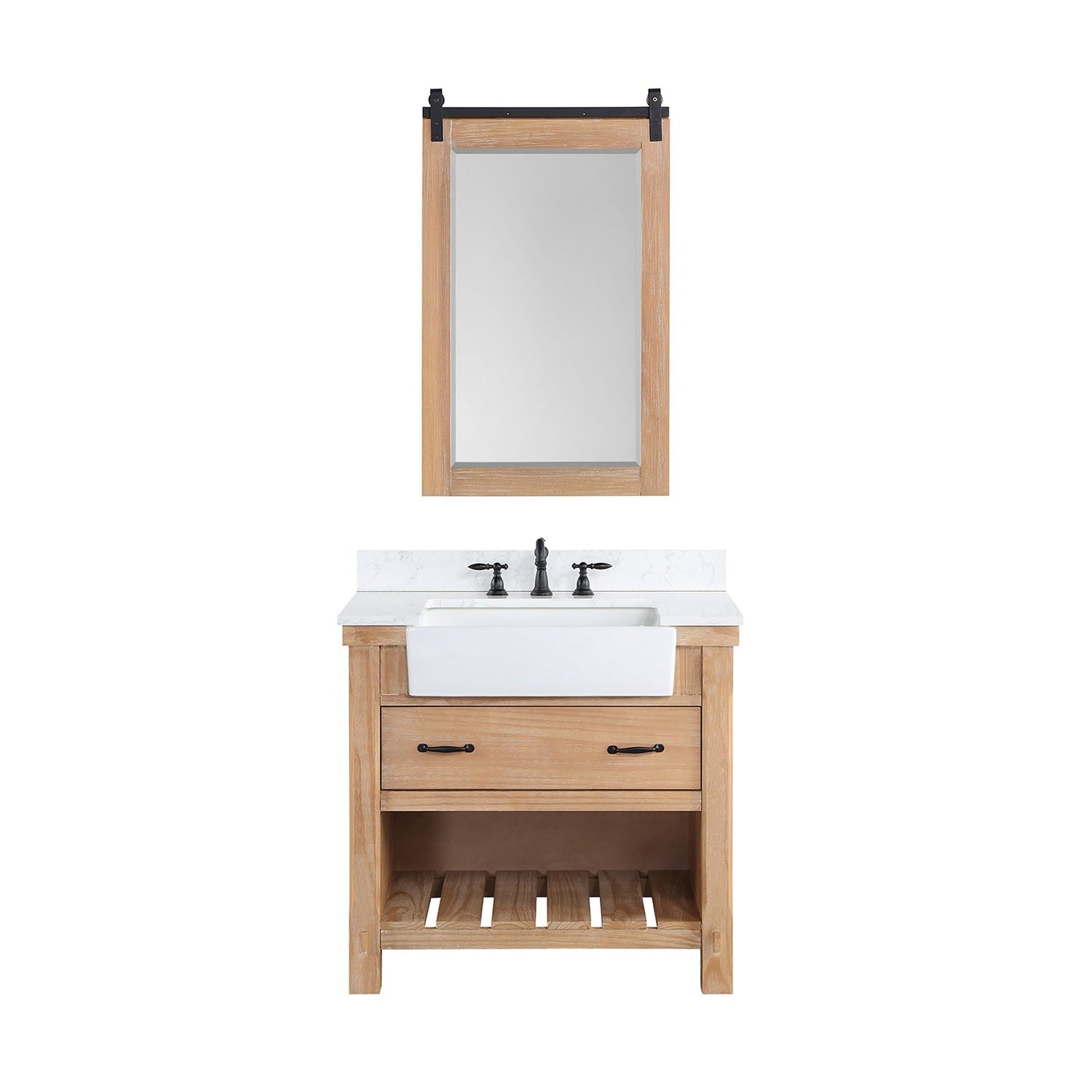Vinnova Villareal 36" Single Bath Vanity In Weathered Pine With Composite Stone Top In White Finish And White Farmhouse Basin And Mirror