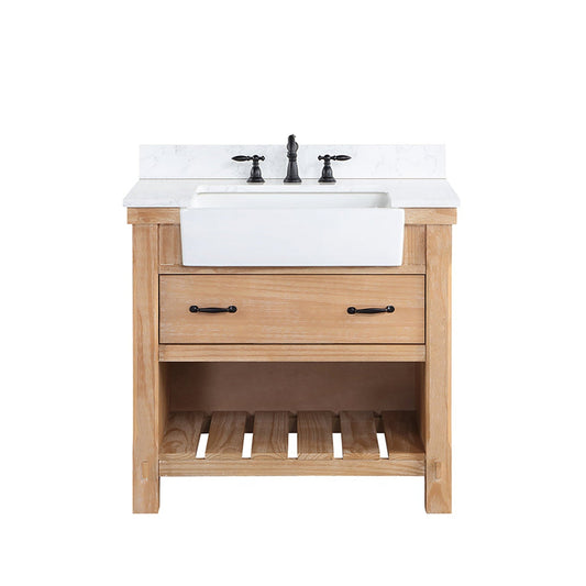 Vinnova Villareal 36" Single Bath Vanity In Weathered Pine With Composite Stone Top In White Finish And White Farmhouse Basin